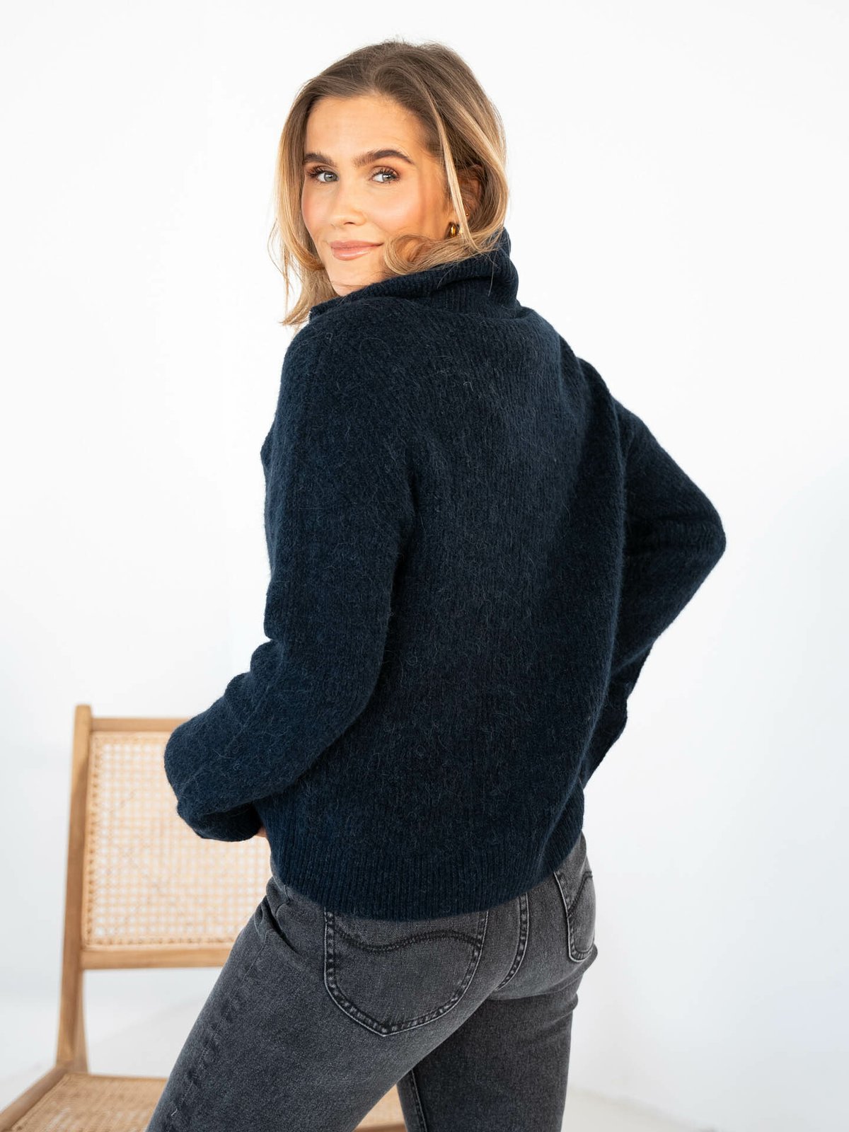 Selected Femme Sia Ras Long Sleeve Knit Half Zip Dark Sapphire