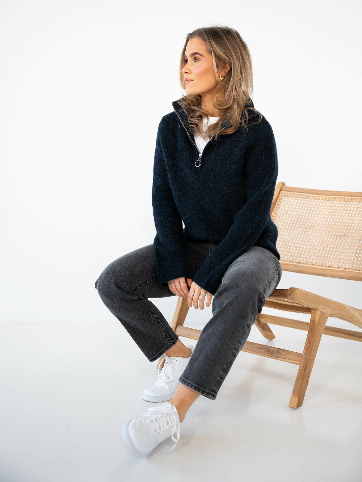 Selected Femme Sia Ras Long Sleeve Knit Half Zip Dark Sapphire