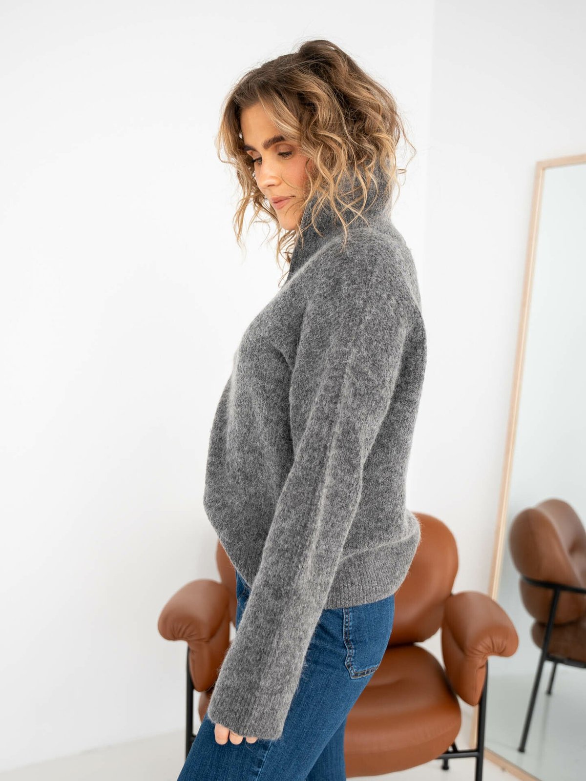 Selected Femme Sia Ras Long Sleeve Knit Half Zip Medium Grey Melange