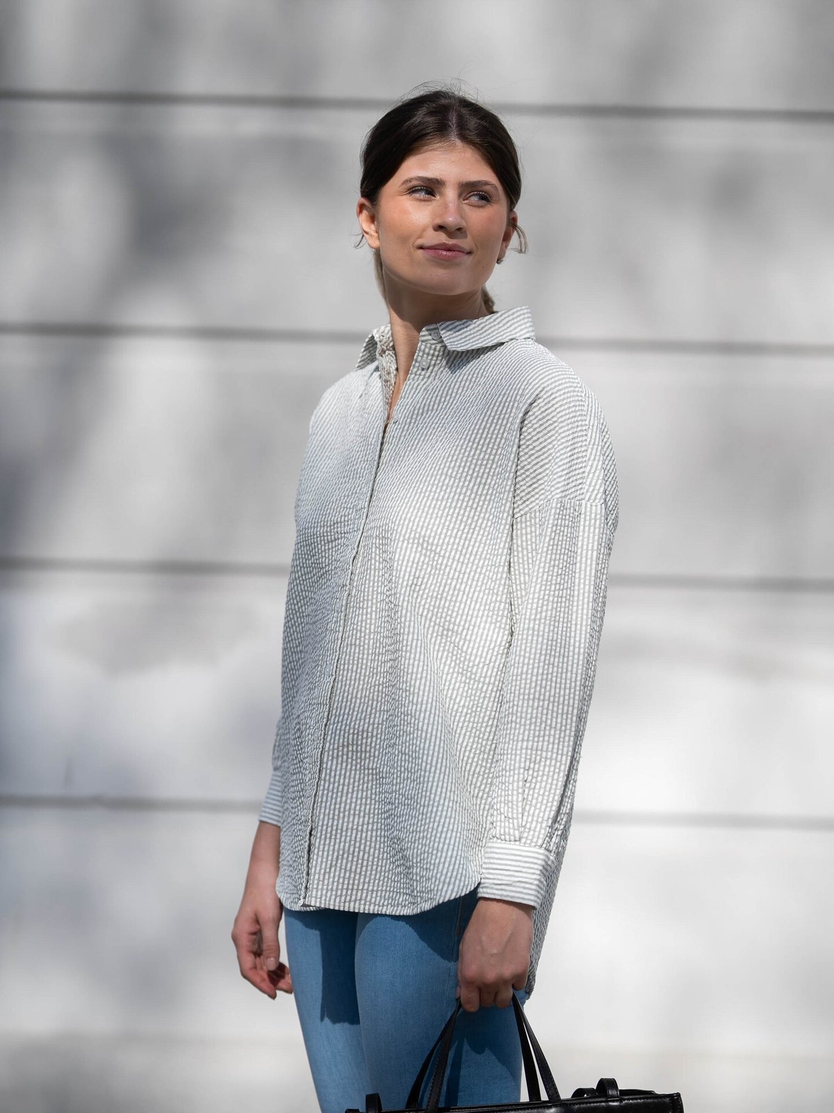 Selected Femme Vittoria-Sanni Long Sleeve Striped Shirt Snow White with Grey Stripes