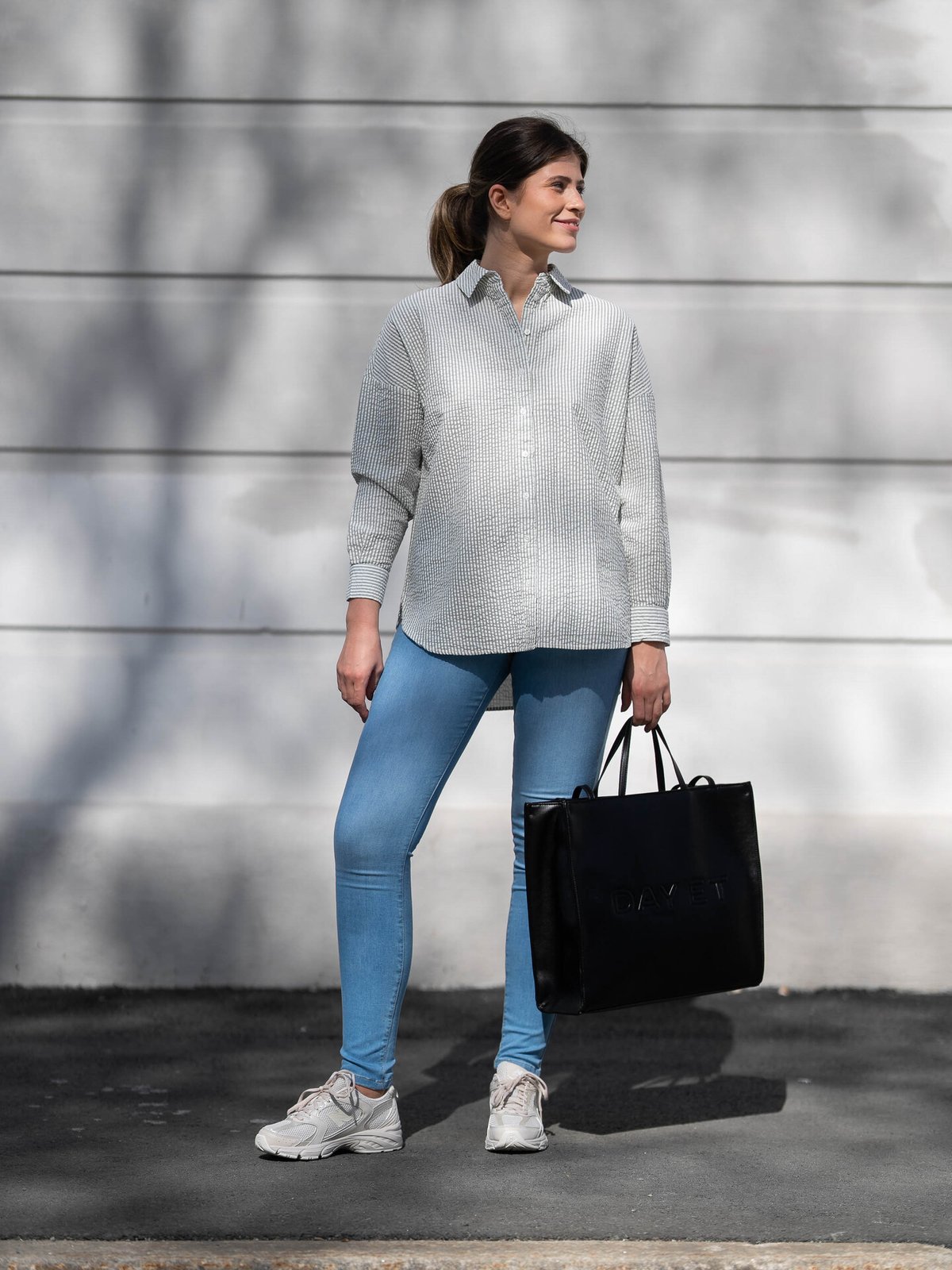 Selected Femme Vittoria-Sanni Long Sleeve Striped Shirt Snow White with Grey Stripes