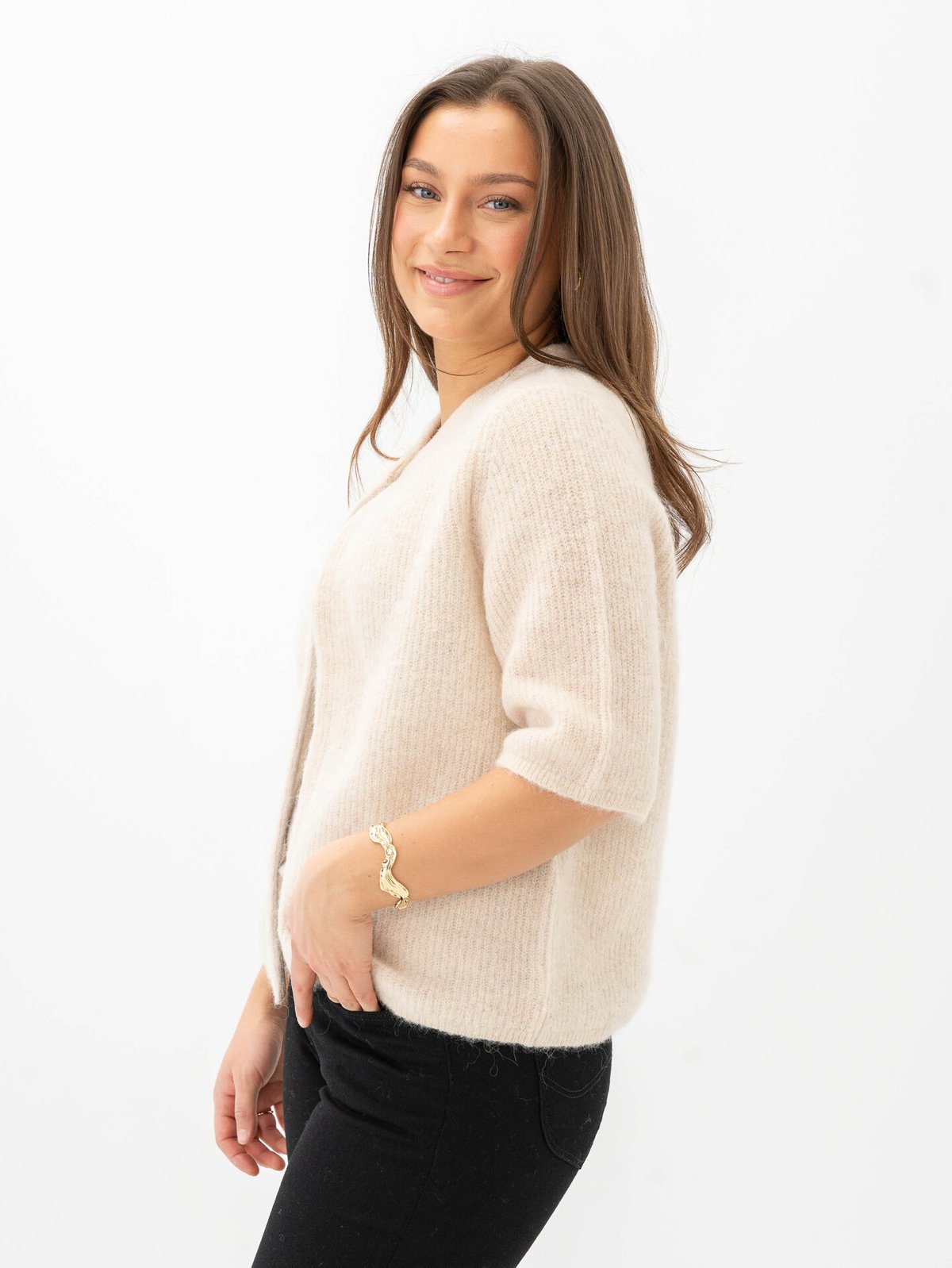 Selected Femme Sia Ras 2/4 Rib Knit Cardigan Birch Melange