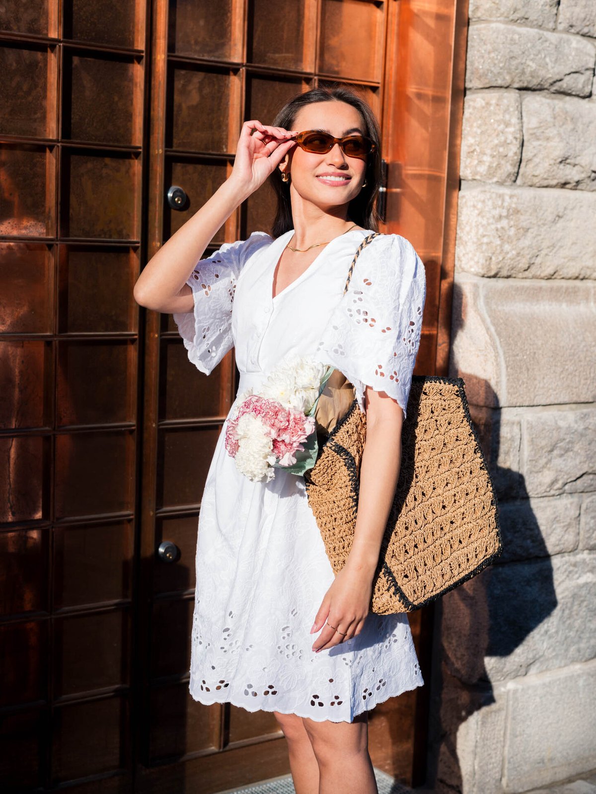 Selected Femme Dahlia Short Sleeve Short Broderi Dress Bright White