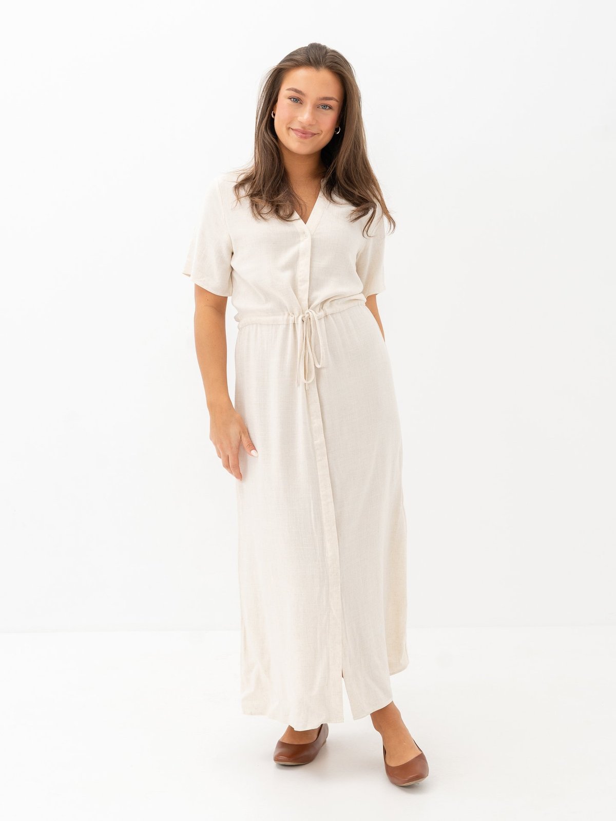 Selected Femme Viva-Damina Short Sleeve Ankle Sun Dress Sandshell