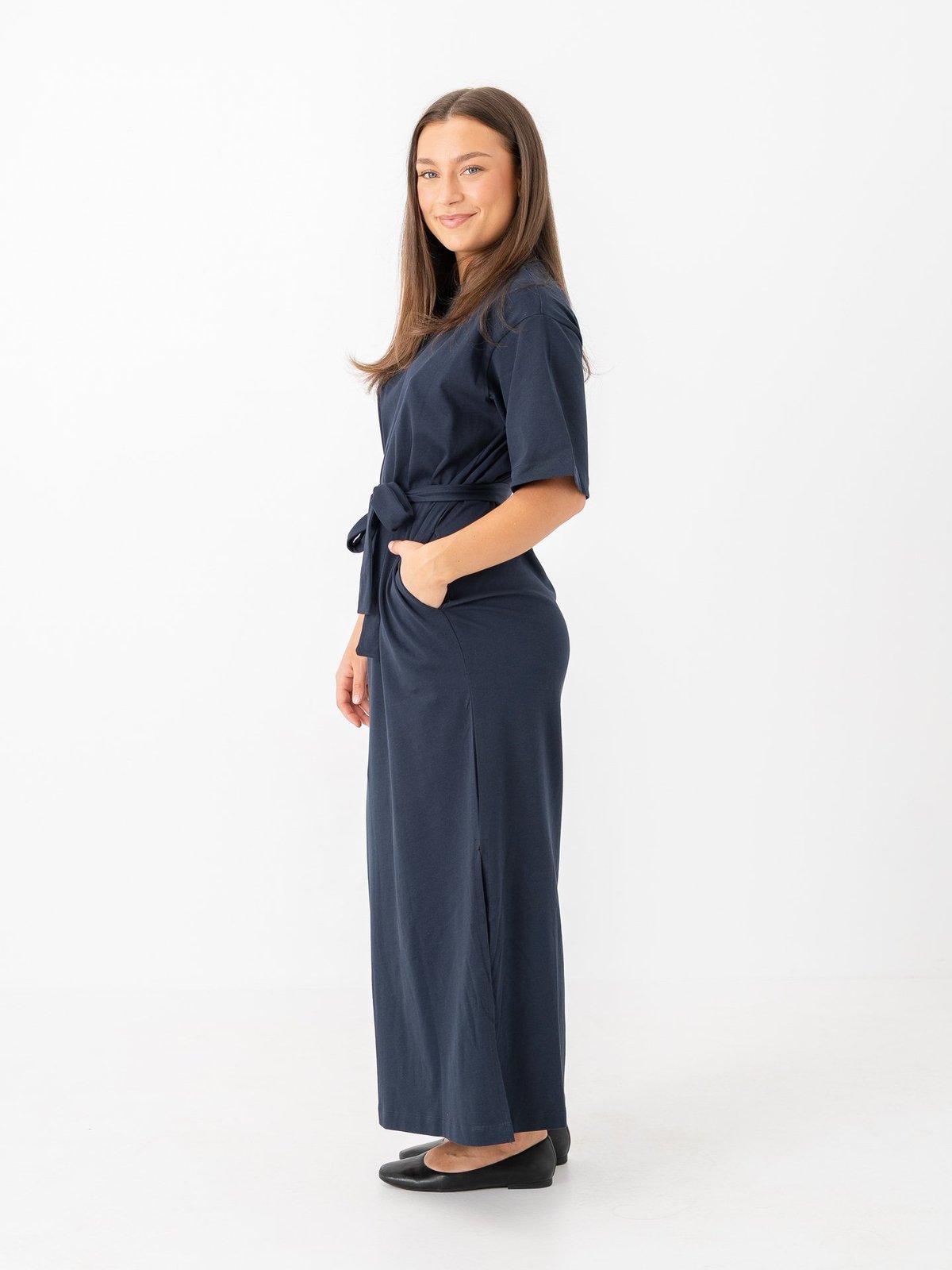 Selected Femme Essential Short Sleeve Pocket Ankle Dress Dark Sapphire