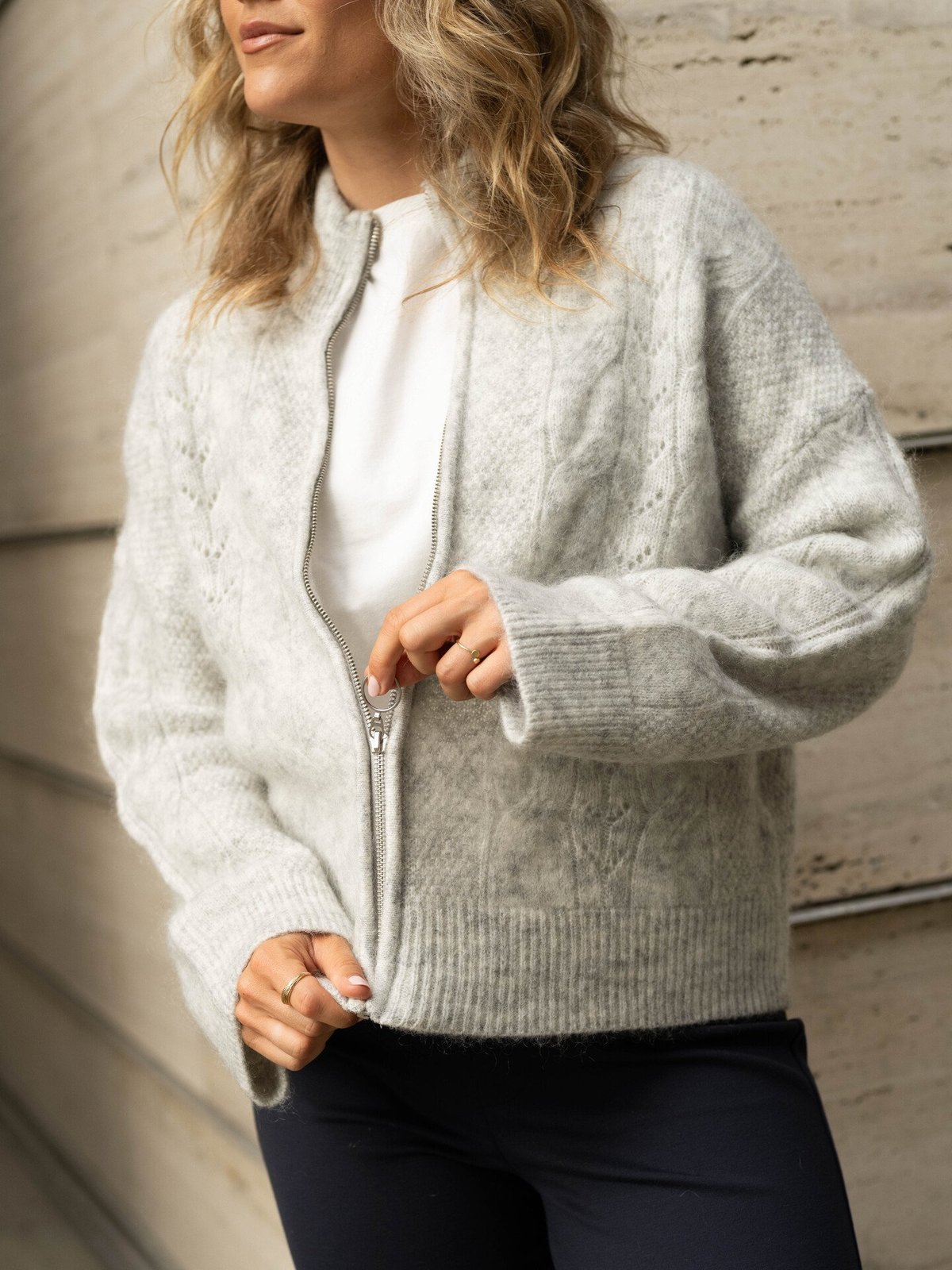 Selected Femme Vera Long Sleeve Knit Zip Cardigan Light Grey Melange