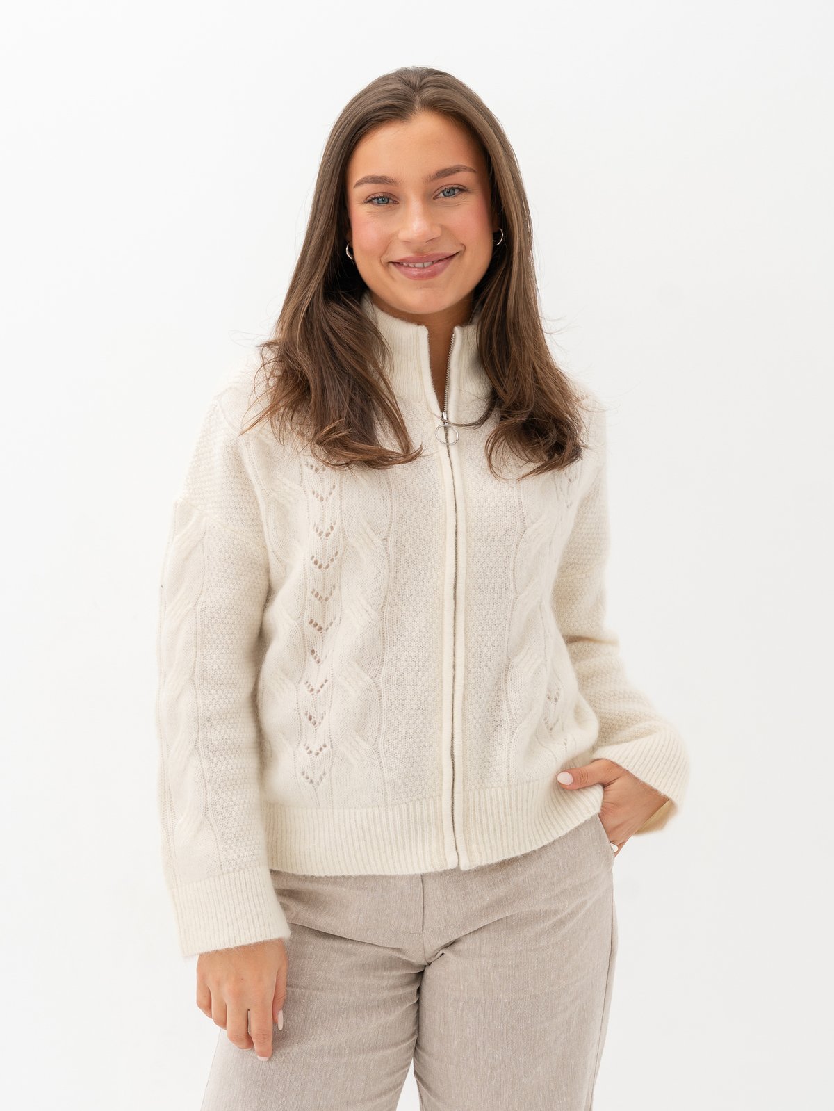 Selected Femme Vera Long Sleeve Knit Zip Cardigan Snow White