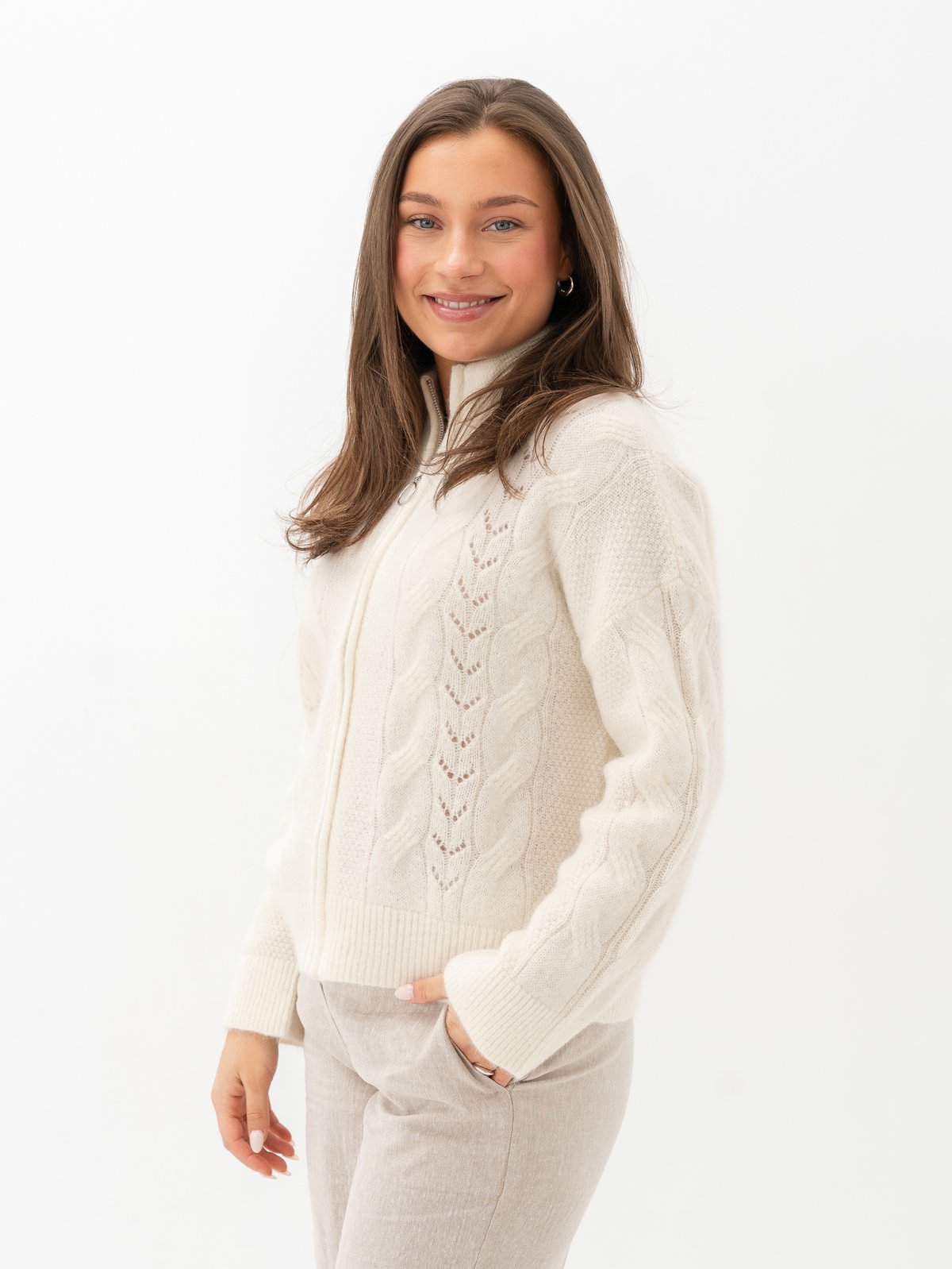 Selected Femme Vera Long Sleeve Knit Zip Cardigan Snow White