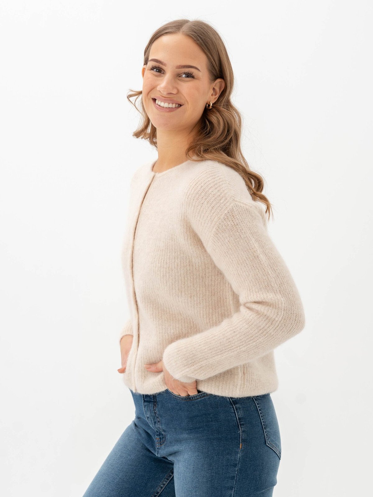 Selected Femme Sia Ras Long Sleeve Knit O-Neck Cardigan Birch Melange