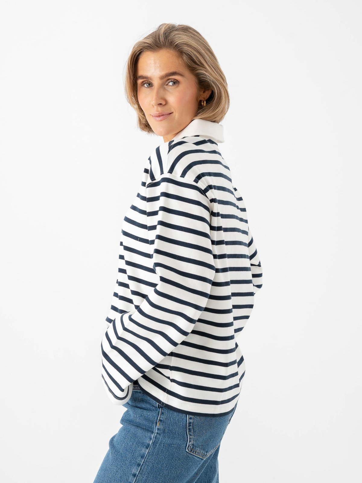 Selected Femme Wada Long Sleeve Stripe Collar Top Dark Sapphire / Snow White