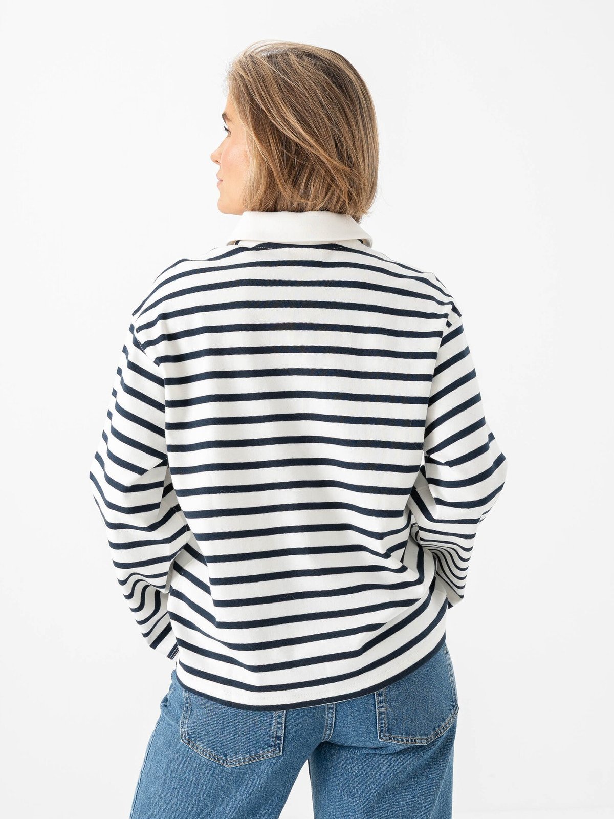 Selected Femme Wada Long Sleeve Stripe Collar Top Dark Sapphire / Snow White