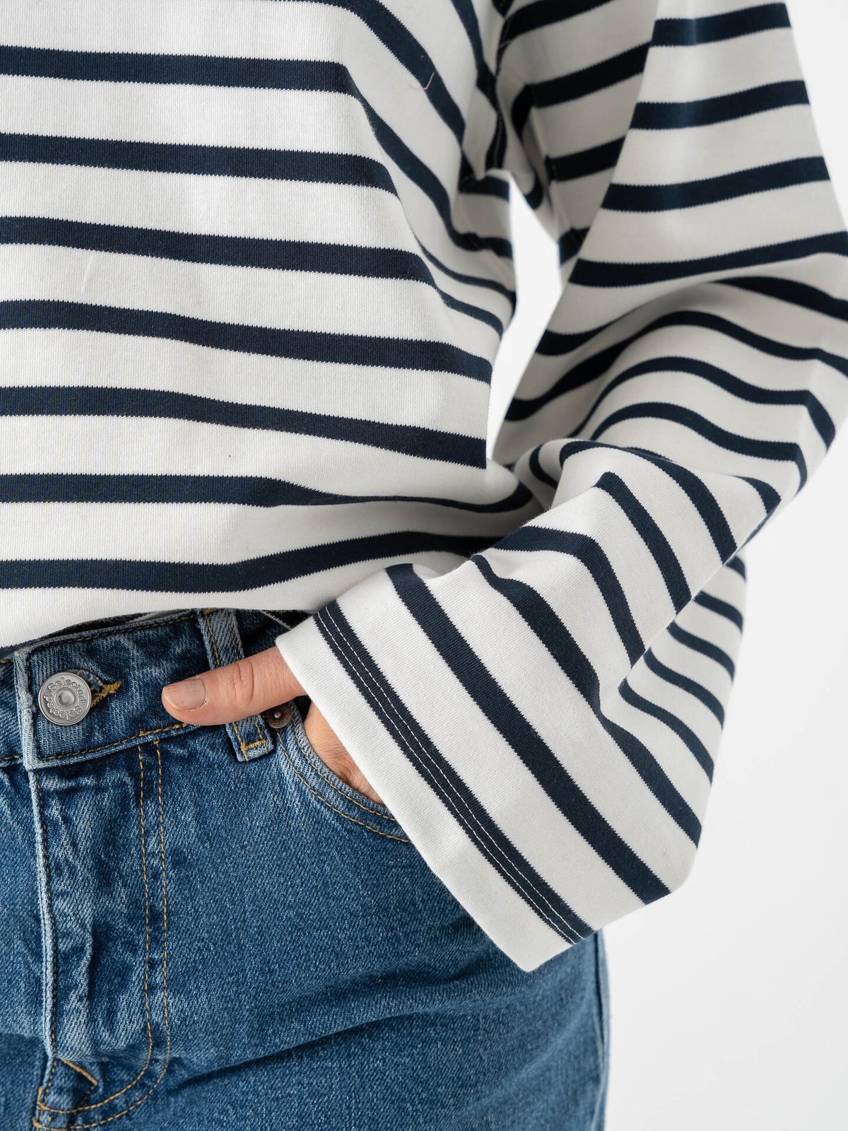 Selected Femme Wada Long Sleeve Stripe Collar Top Dark Sapphire / Snow White