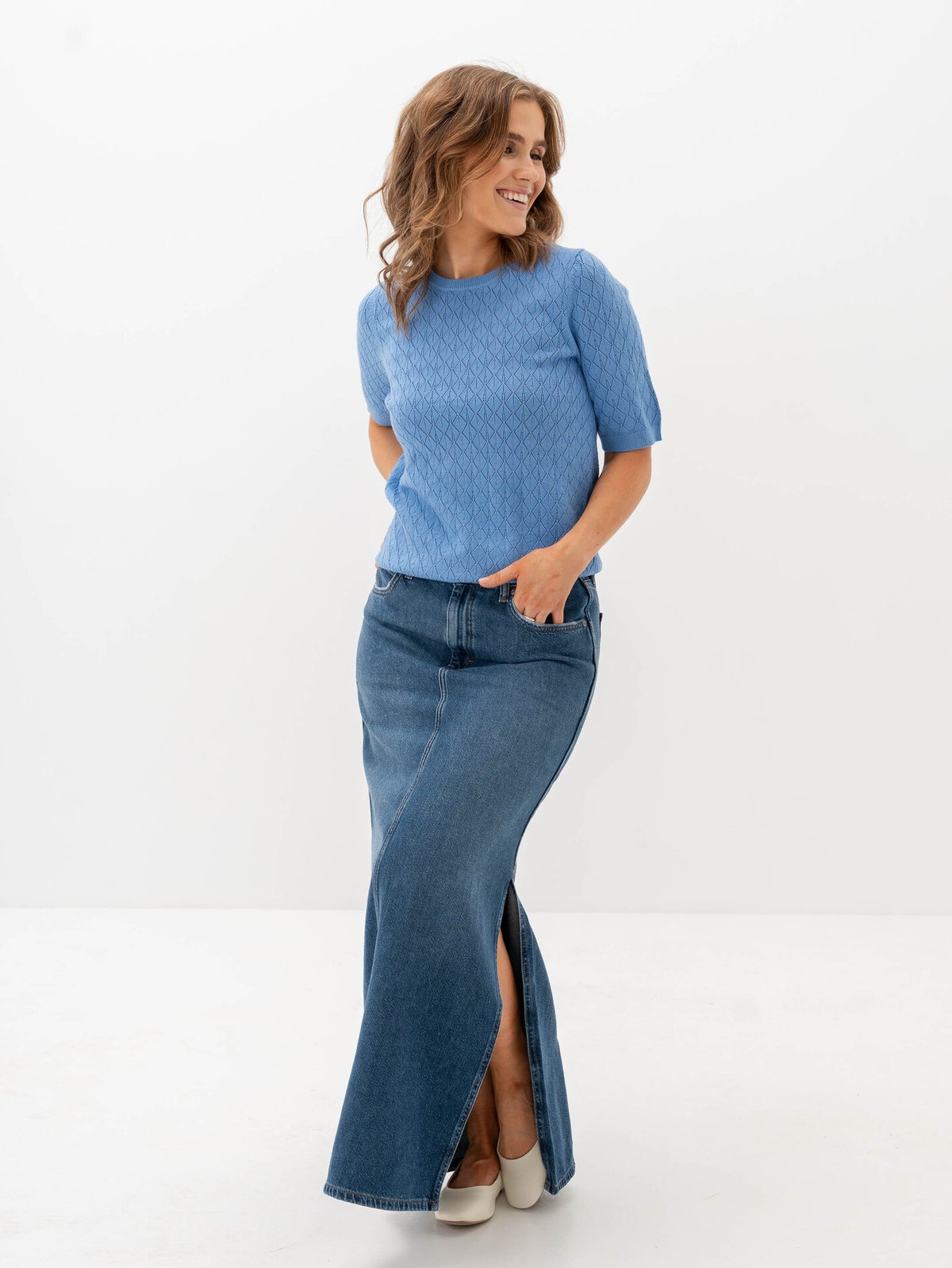 Selected Femme Helen 2/4 Knit O-Neck Cornflower Blue