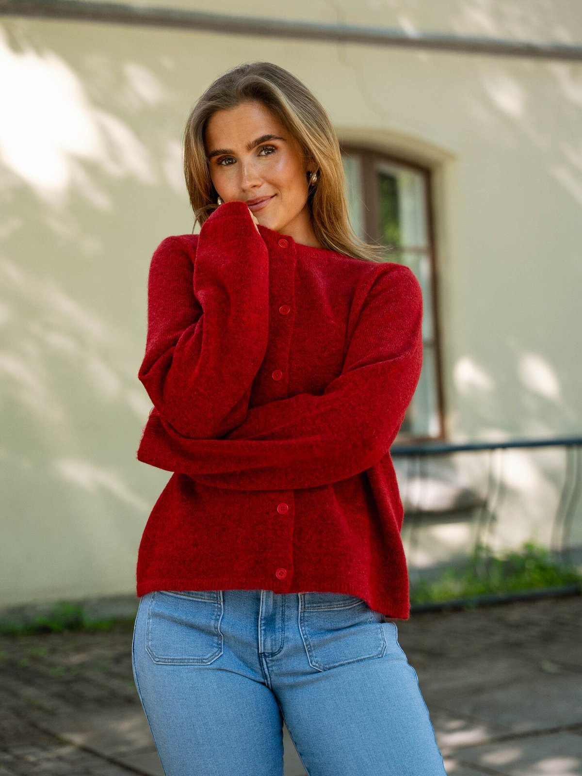 Selected Femme Lulu New Long Sleeve Knit Cardigan Equestrian Red MELANGE