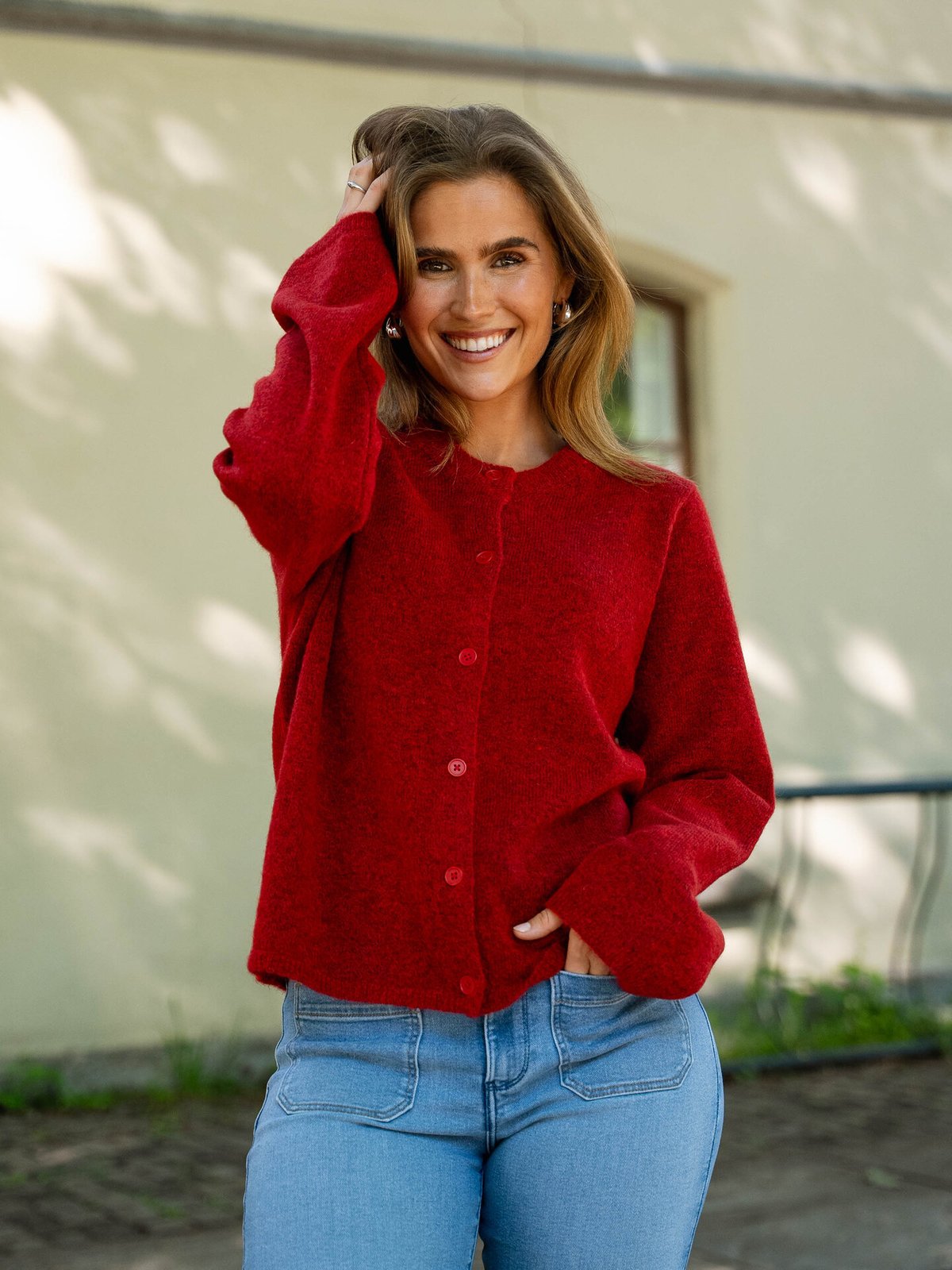 Selected Femme Lulu New Long Sleeve Knit Cardigan Equestrian Red MELANGE