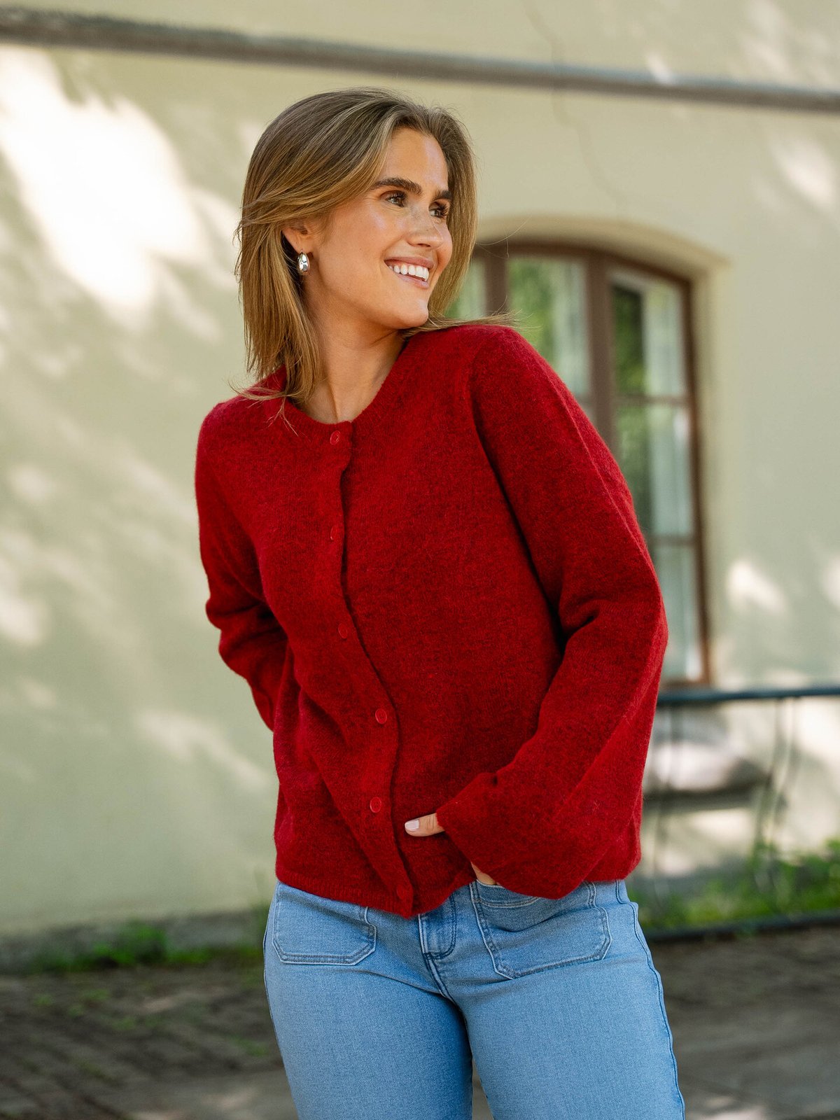 Selected Femme Lulu New Long Sleeve Knit Cardigan Equestrian Red MELANGE