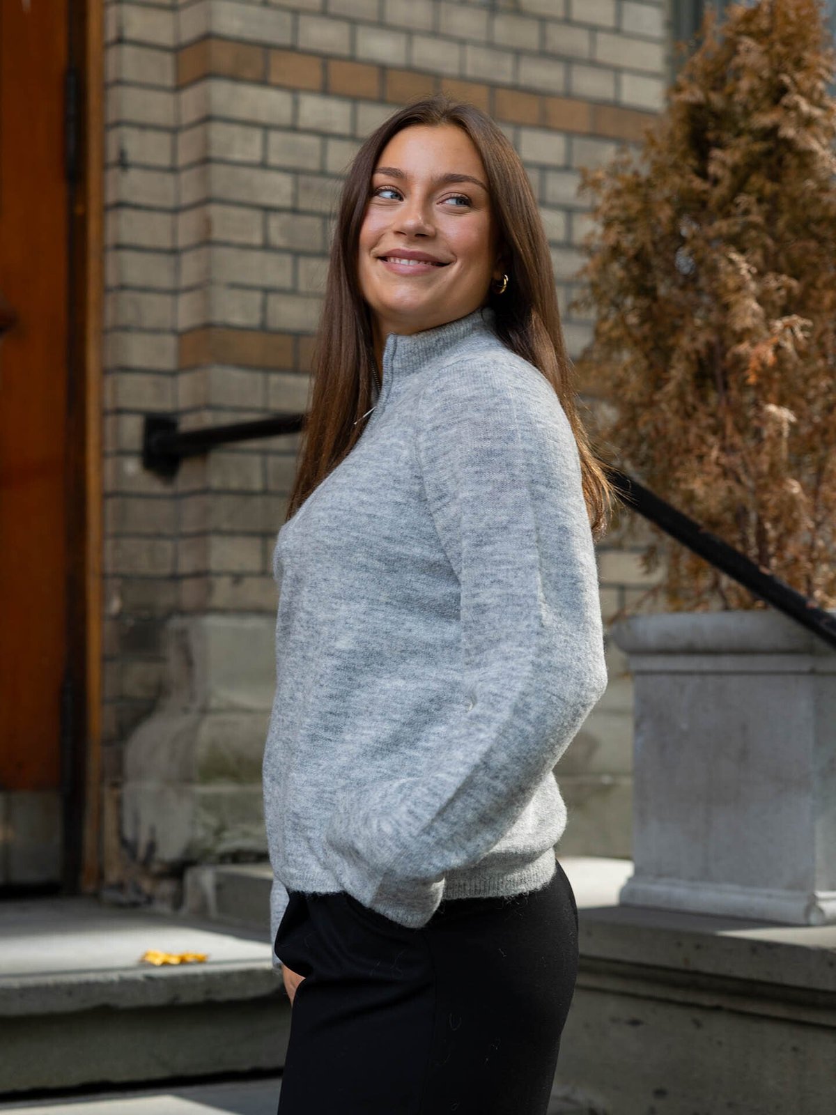 Selected Femme Lulu Long Sleeve Knit Half Zip Light Grey Melange