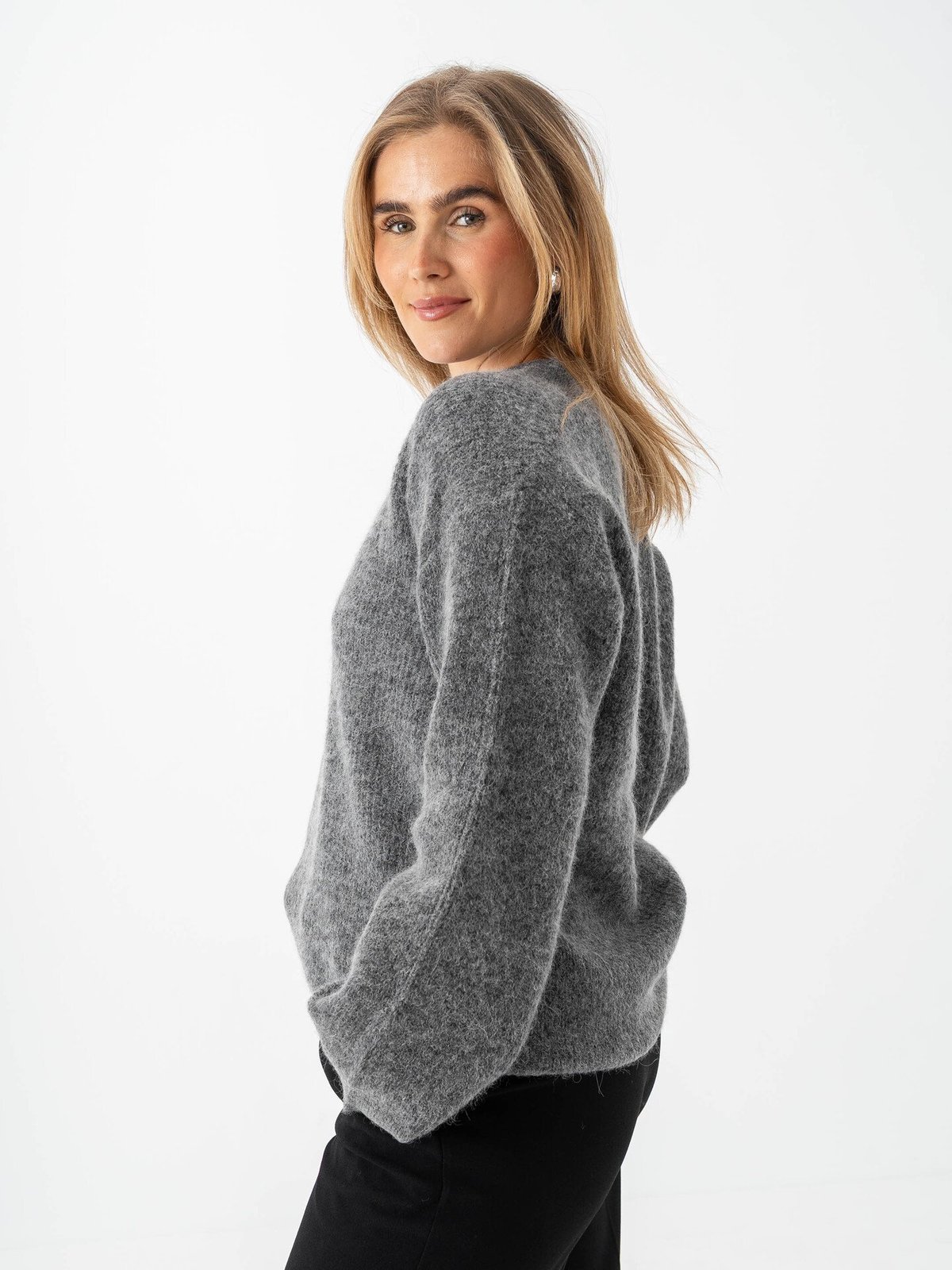 Selected Femme Sia Ras Long Sleeve Knit Long V-Neck Medium Grey Melange