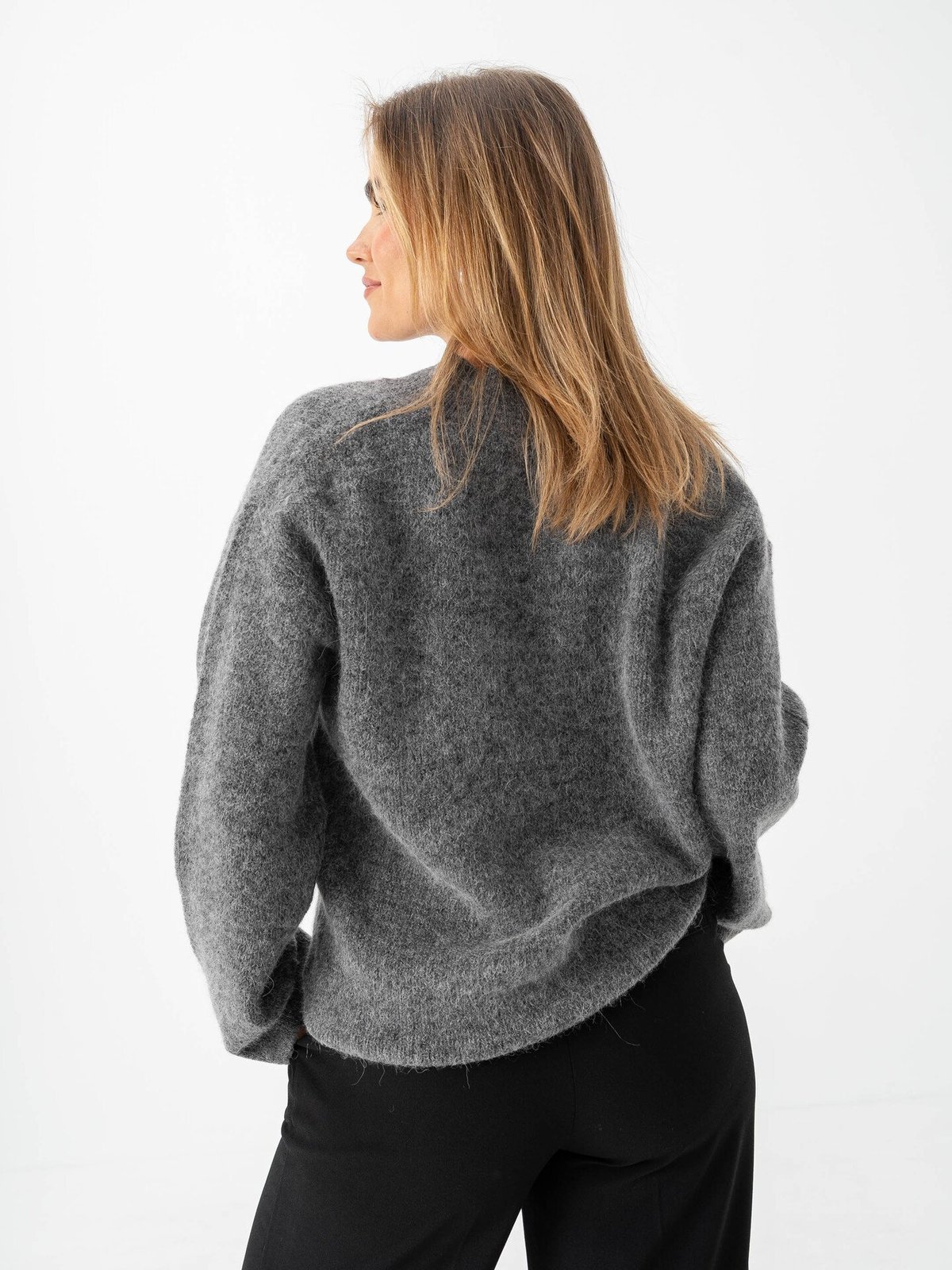 Selected Femme Sia Ras Long Sleeve Knit Long V-Neck Medium Grey Melange