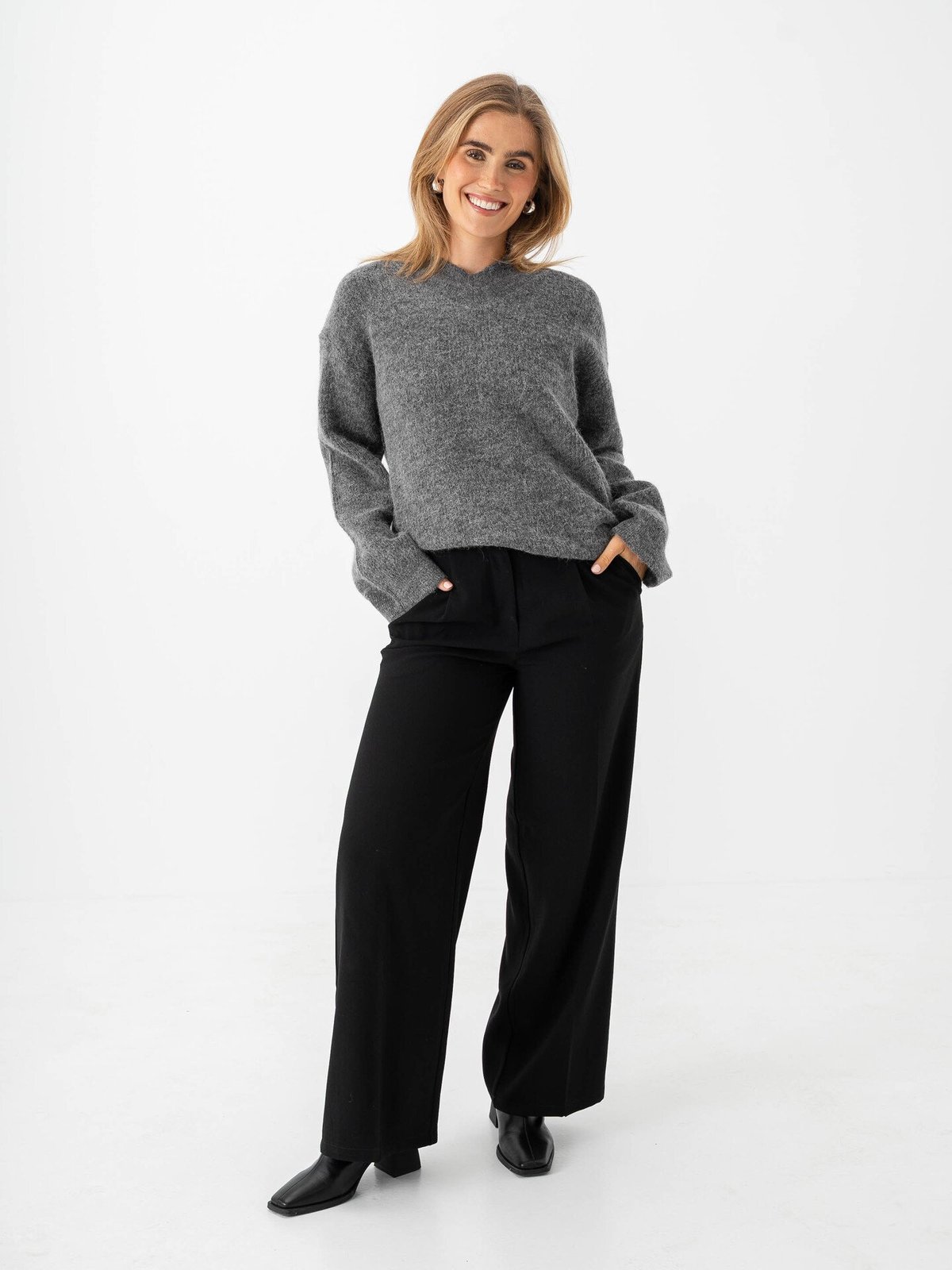 Selected Femme Sia Ras Long Sleeve Knit Long V-Neck Medium Grey Melange