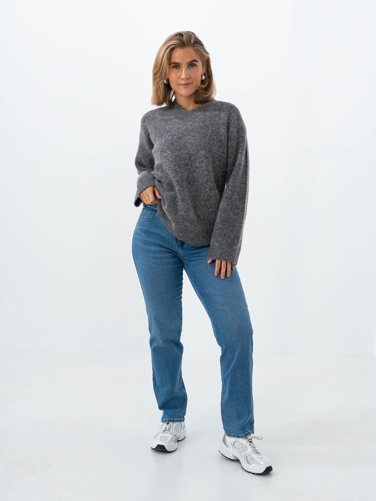 Selected Femme Sia Ras Long Sleeve Knit Long V-Neck Medium Grey Melange