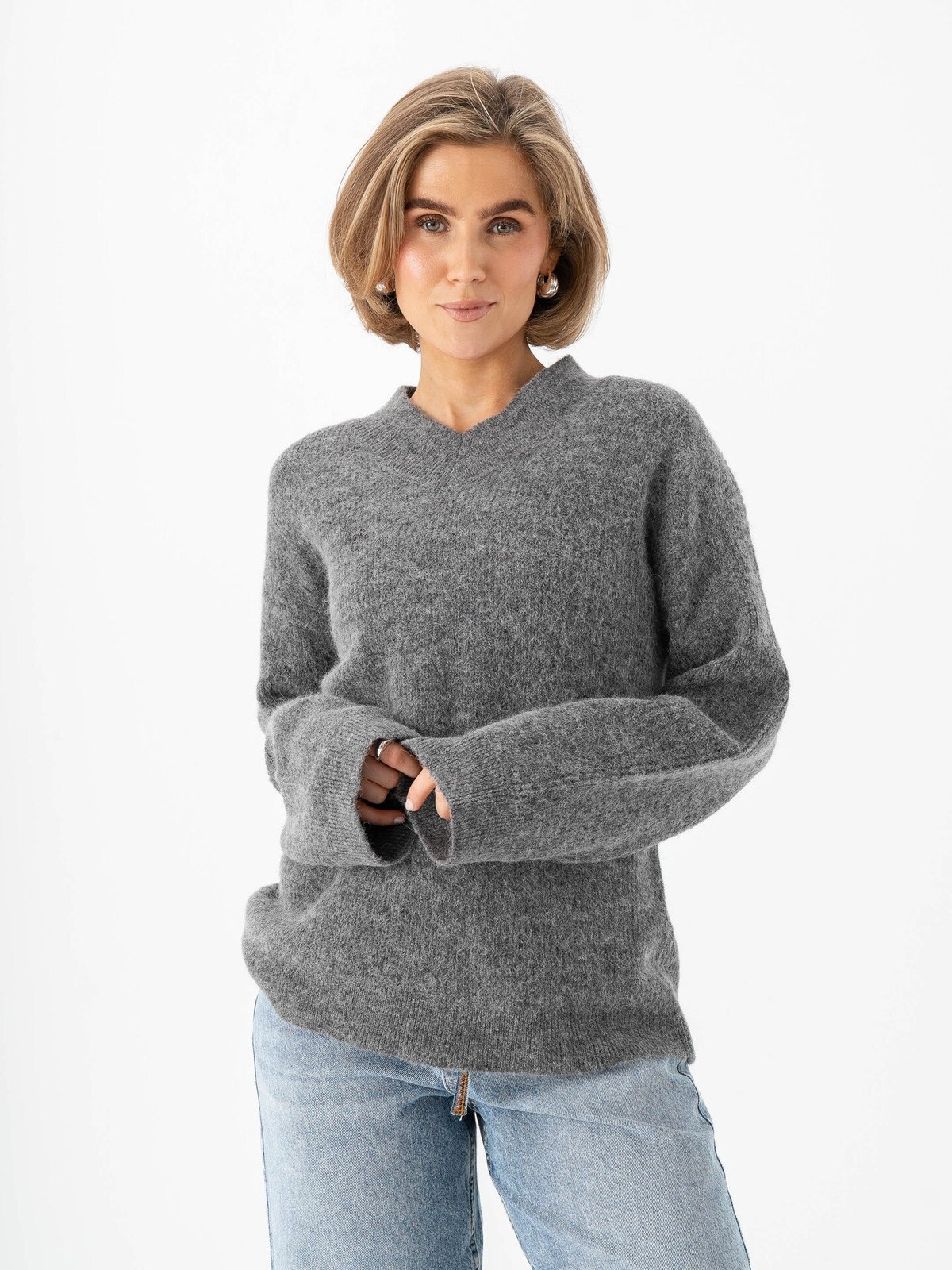 Selected Femme Sia Ras Long Sleeve Knit Long V-Neck Medium Grey Melange