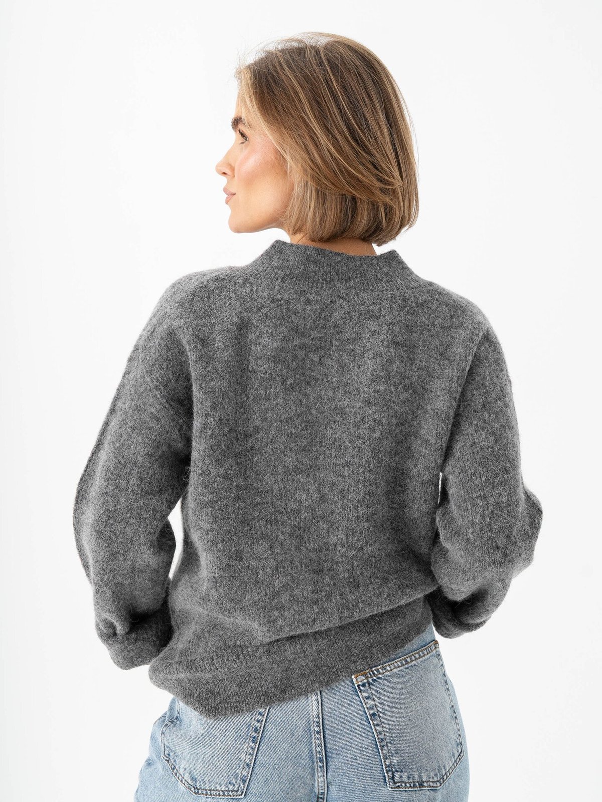 Selected Femme Sia Ras Long Sleeve Knit Long V-Neck Medium Grey Melange