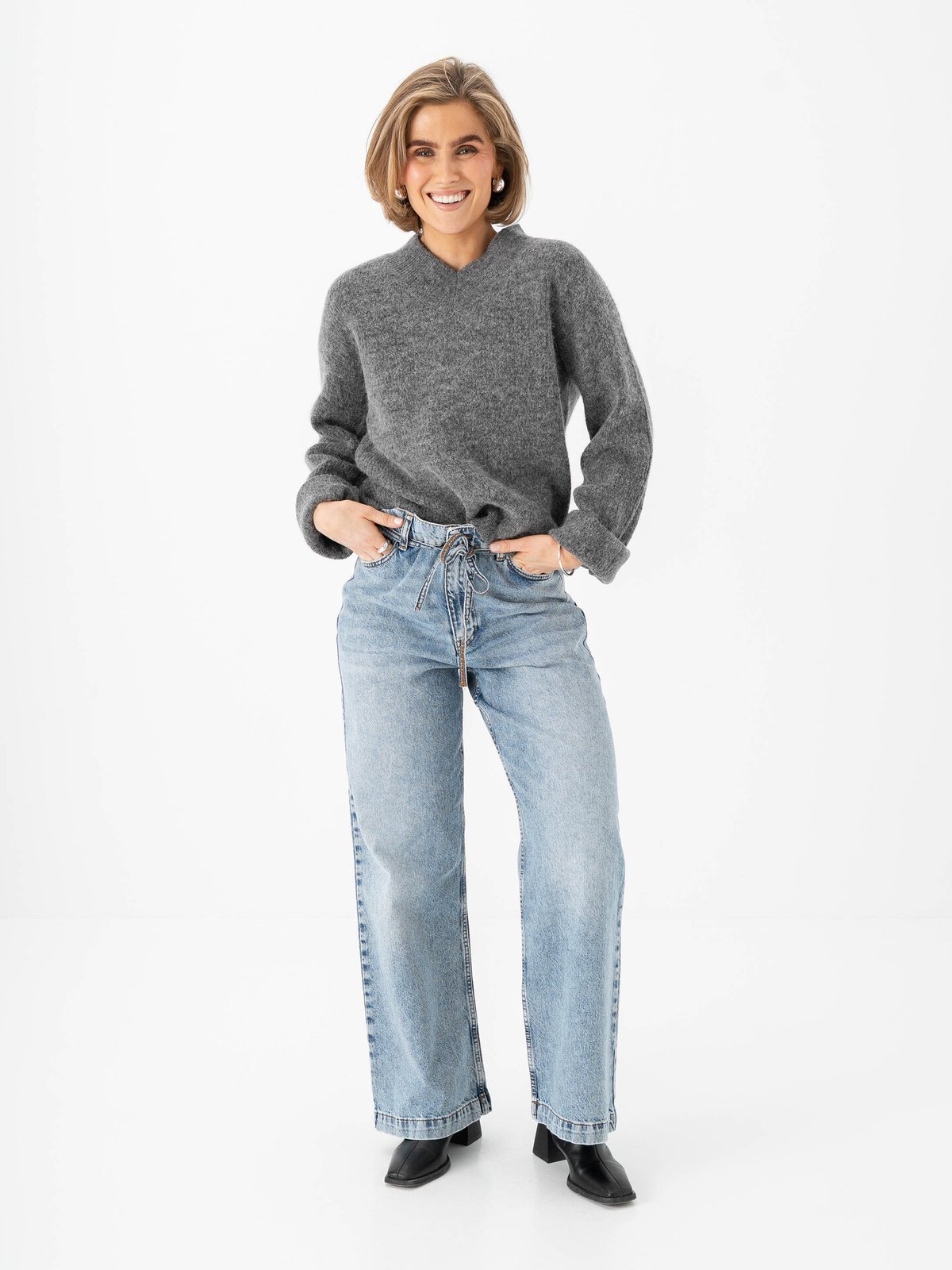 Selected Femme Sia Ras Long Sleeve Knit Long V-Neck Medium Grey Melange