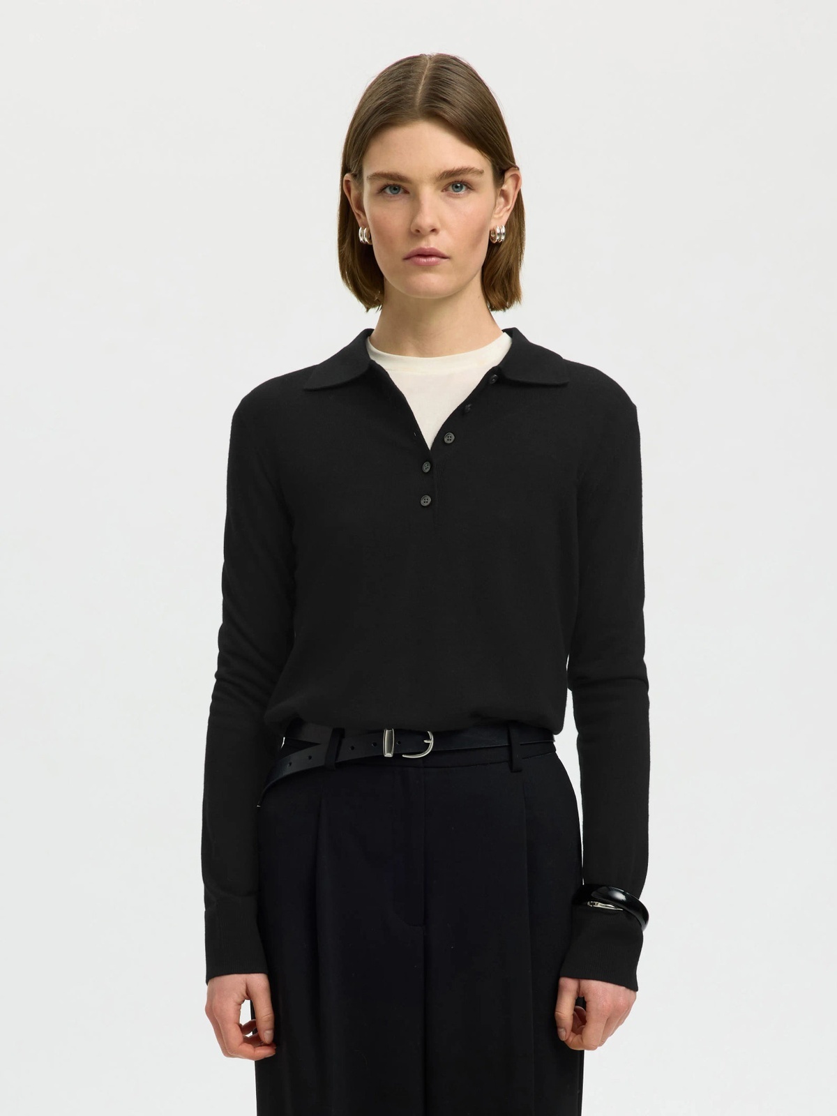 Selected Femme Thea Long Sleeve Knit Merino Collar Neck Black