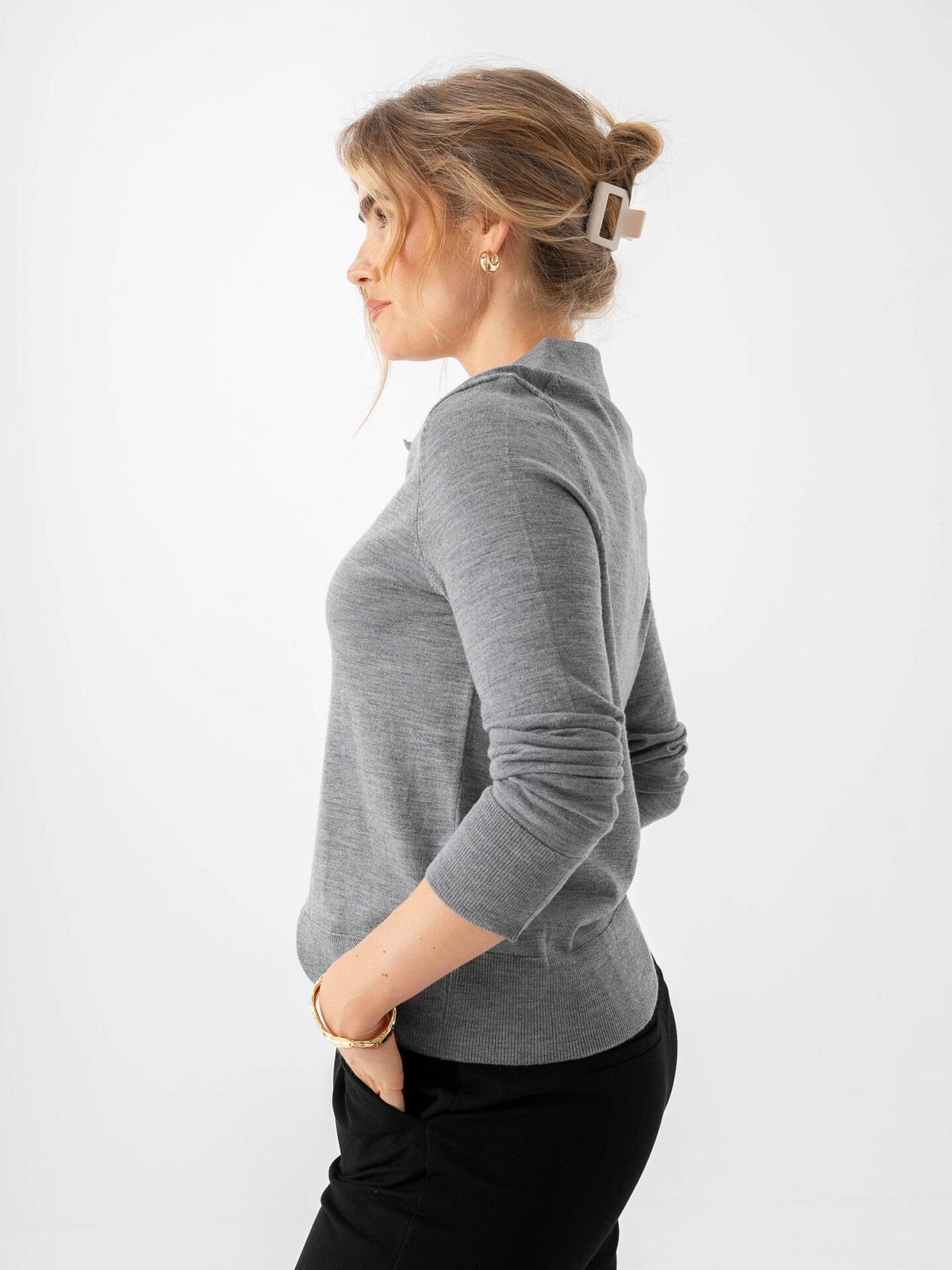 Selected Femme Thea Long Sleeve Knit Merino Collar Neck Medium Grey Melange