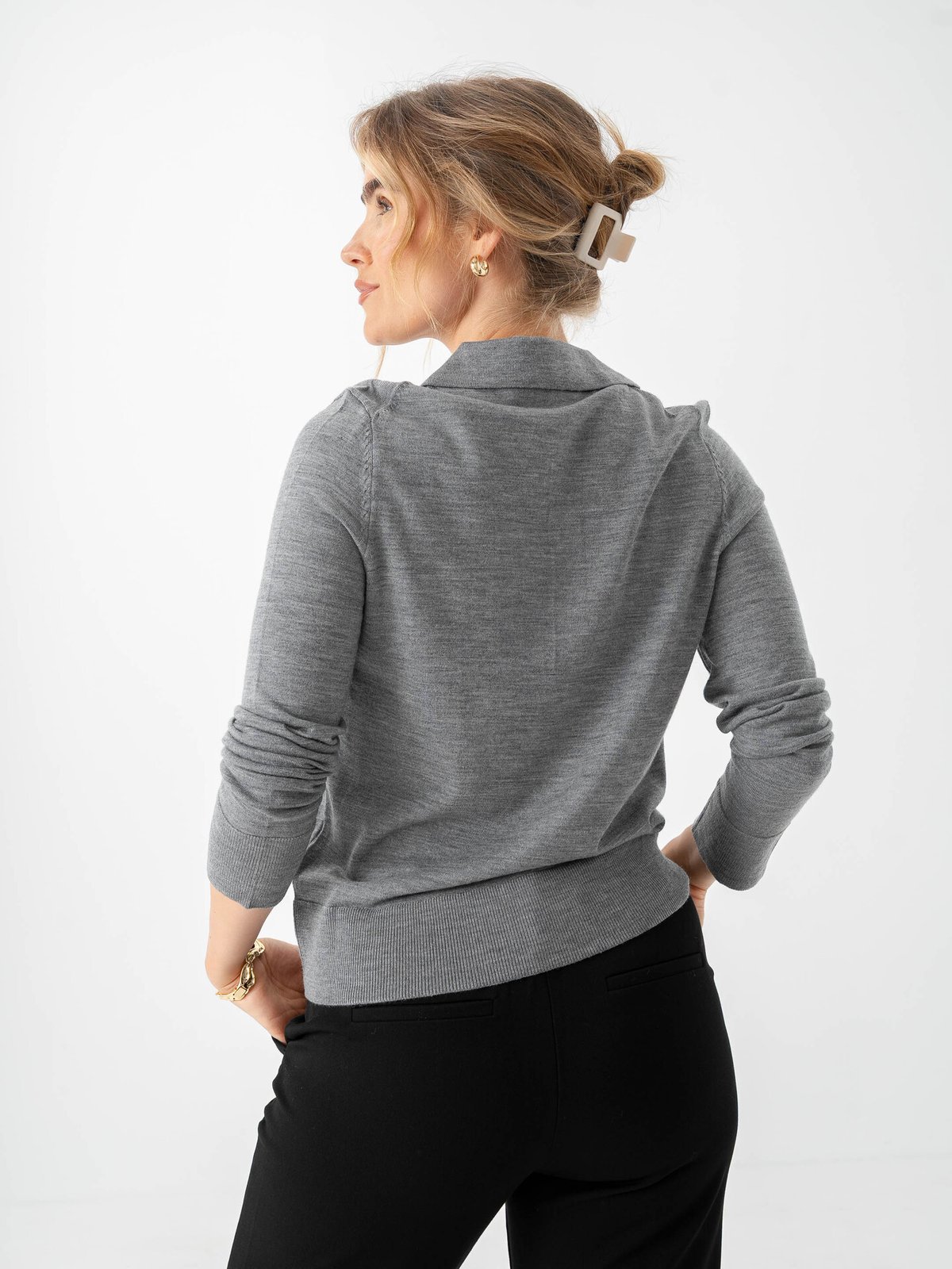 Selected Femme Thea Long Sleeve Knit Merino Collar Neck Medium Grey Melange