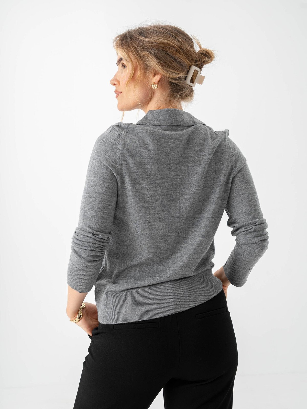 Selected Femme Thea Long Sleeve Knit Merino Collar Neck Medium Grey Melange