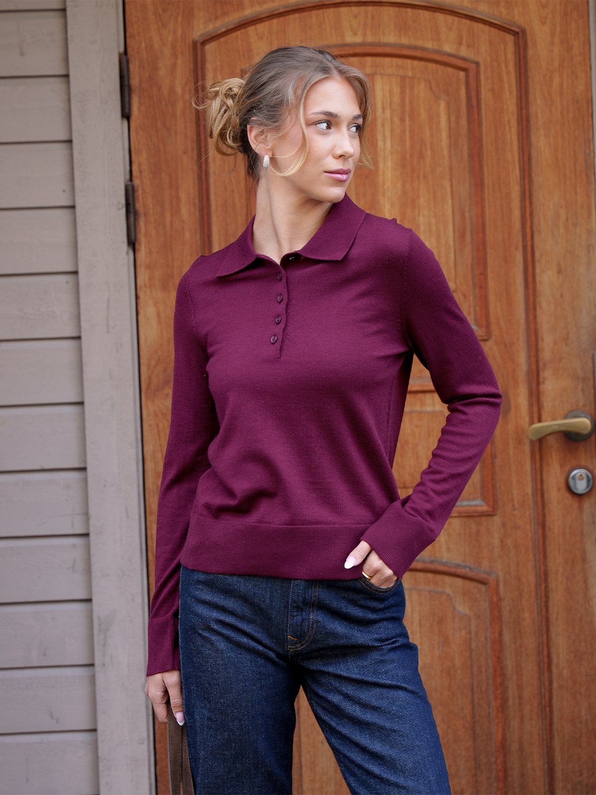 Selected Femme Thea Long Sleeve Knit Merino Collar Neck Tawny Port