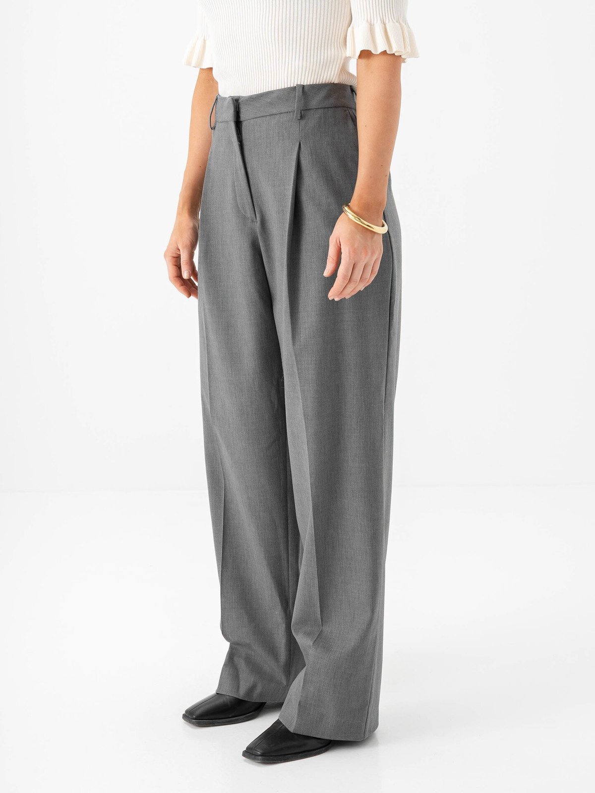 Selected Femme Wide Rita Lano Mid Waist Pant Medium Grey Melange MELANGE