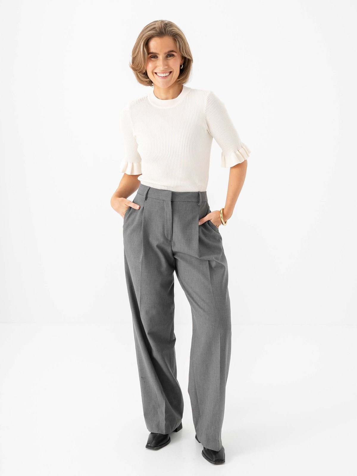 Selected Femme Wide Rita Lano Mid Waist Pant Medium Grey Melange MELANGE