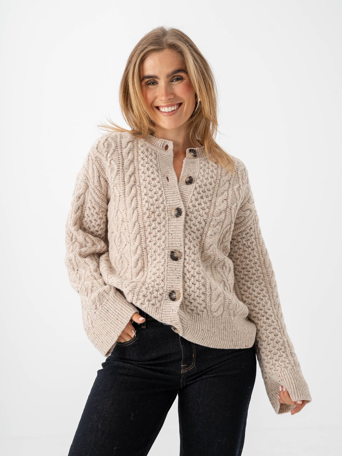 Selected Femme Nelly Long Sleeve Knit O-Neck Cardigan Birch Melange