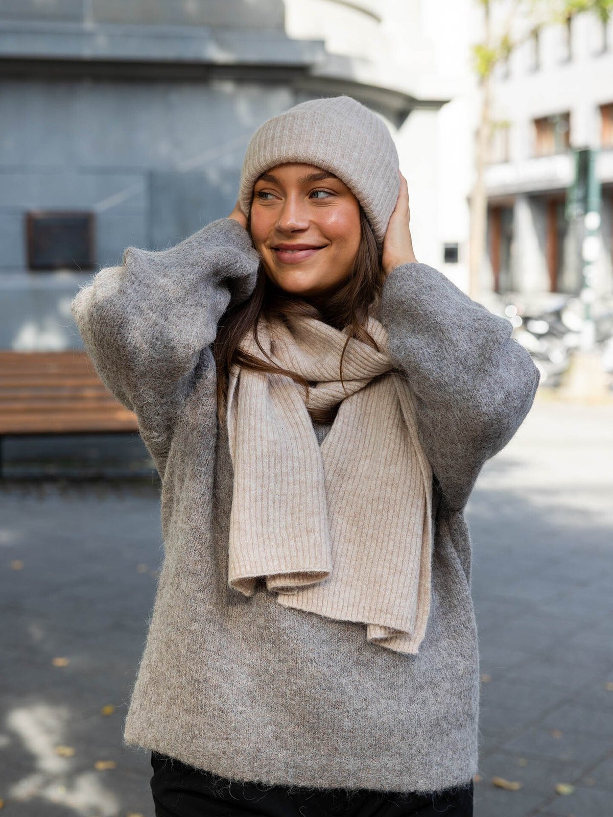 Selected Femme Lulu Lano Knit Beanie Birch MELANGE