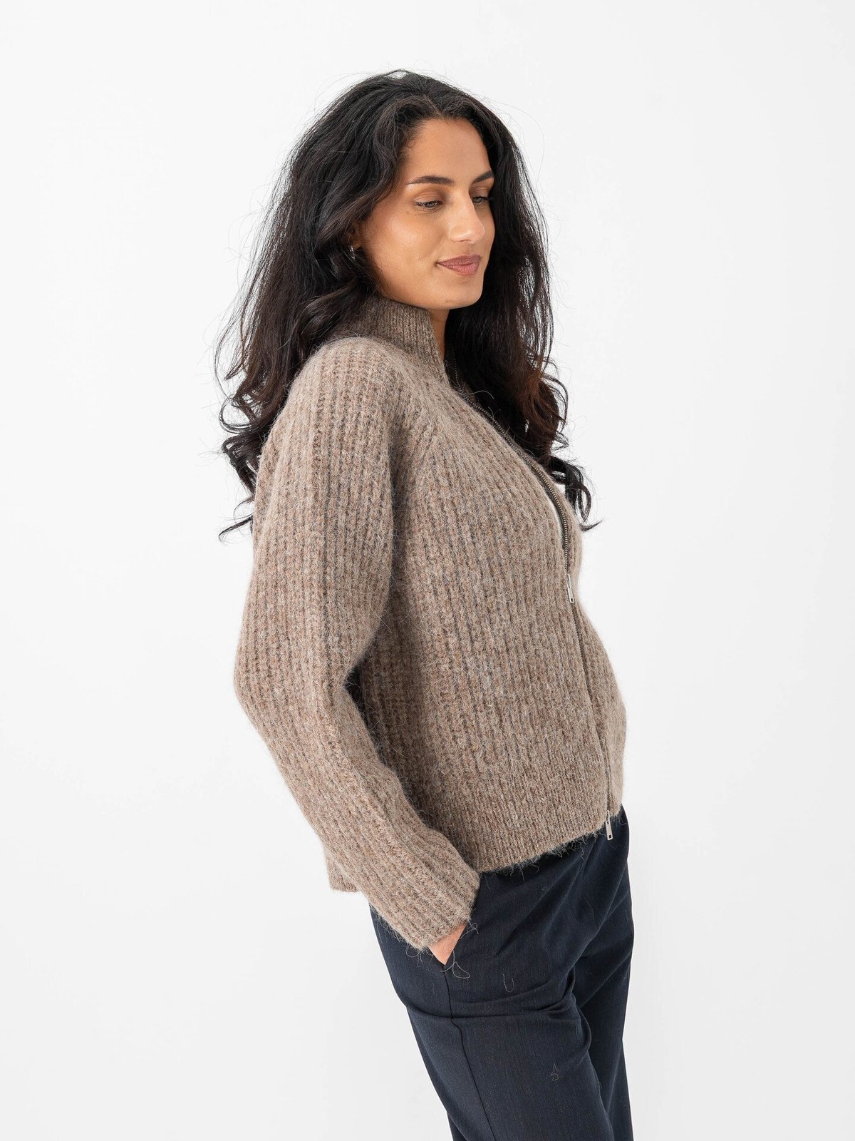 Selected Femme Anjuli Long Sleeve Knit Zip Cardigan Delicioso Melange