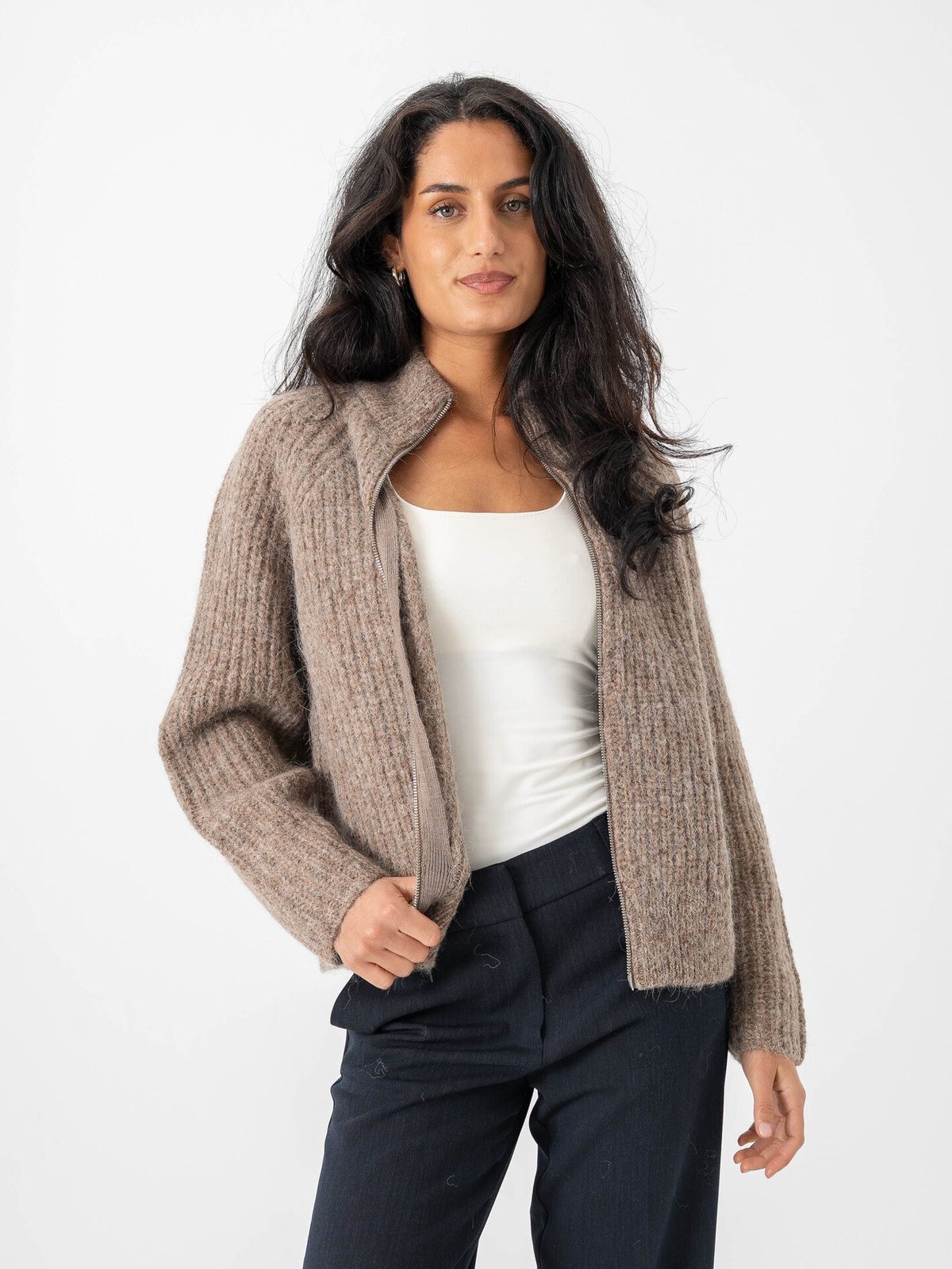 Selected Femme Anjuli Long Sleeve Knit Zip Cardigan Delicioso Melange