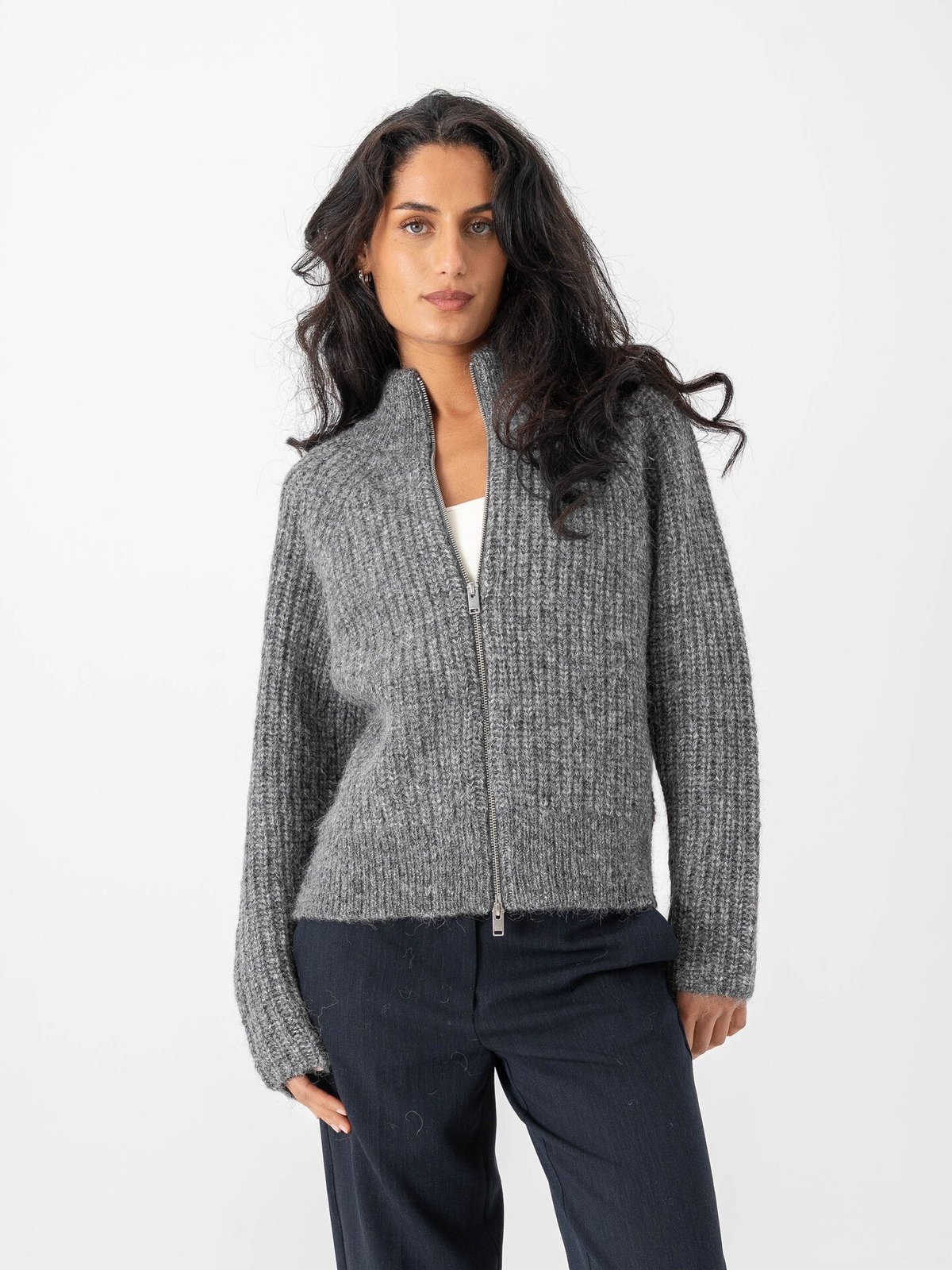 Selected Femme Anjuli Long Sleeve Knit Zip Cardigan Medium Grey Melange