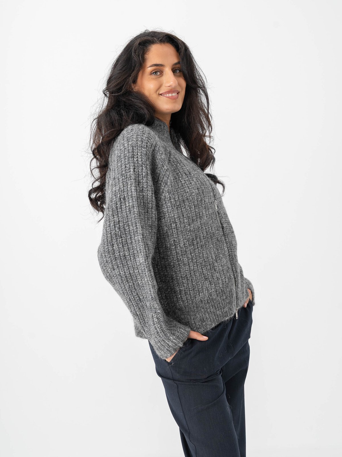 Selected Femme Anjuli Long Sleeve Knit Zip Cardigan Medium Grey Melange