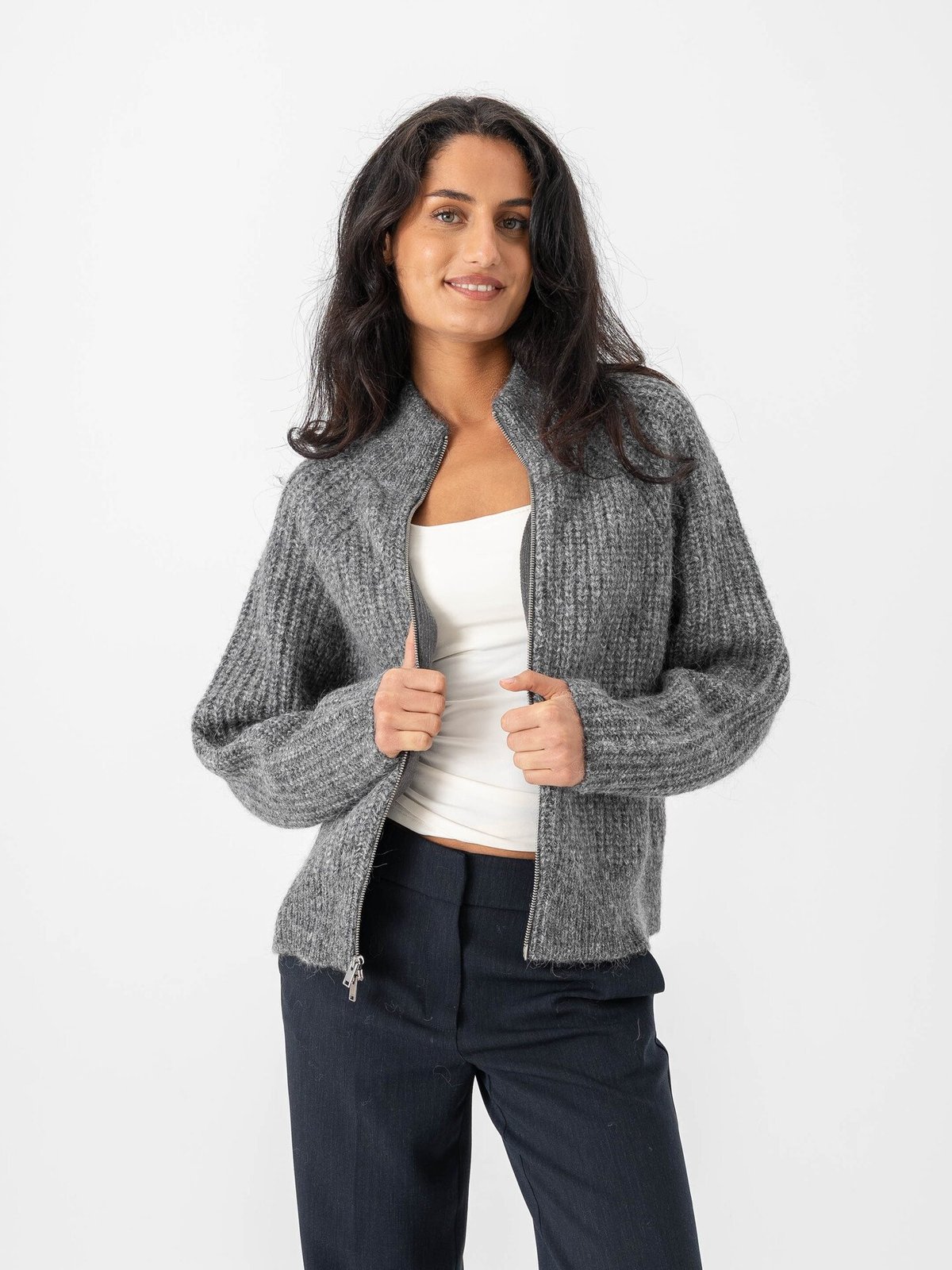 Selected Femme Anjuli Long Sleeve Knit Zip Cardigan Medium Grey Melange