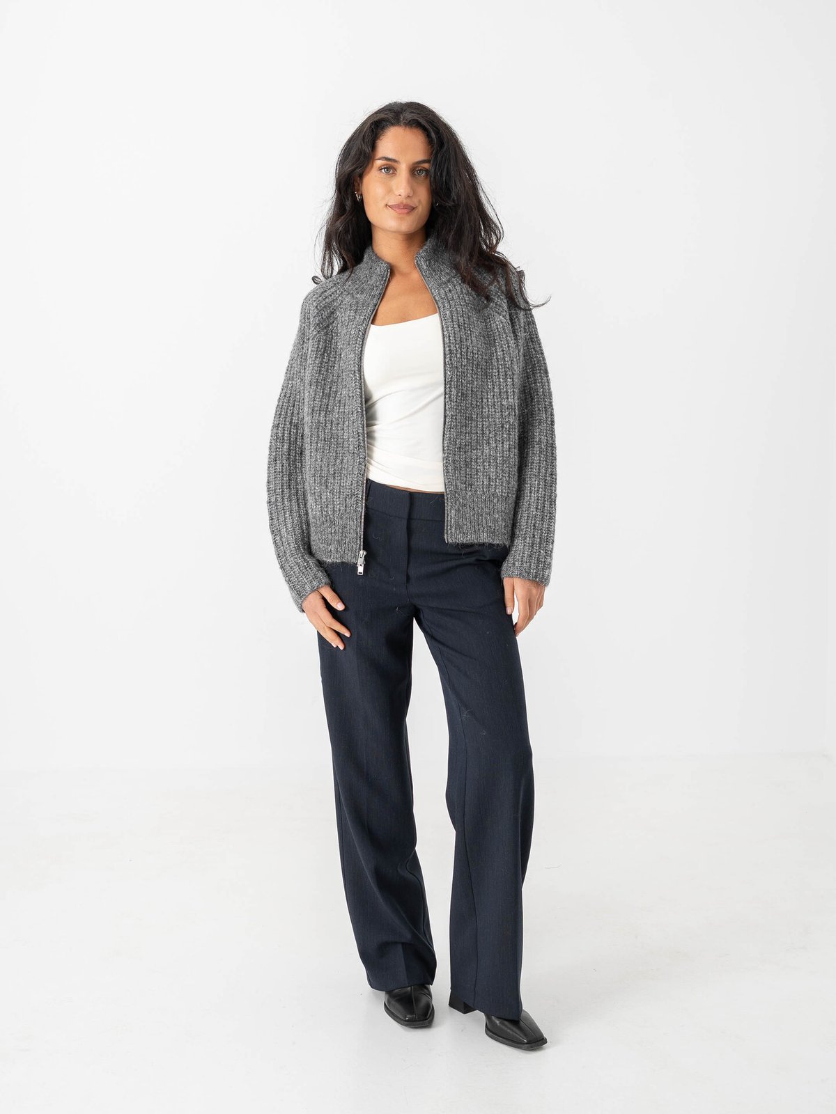 Selected Femme Anjuli Long Sleeve Knit Zip Cardigan Medium Grey Melange