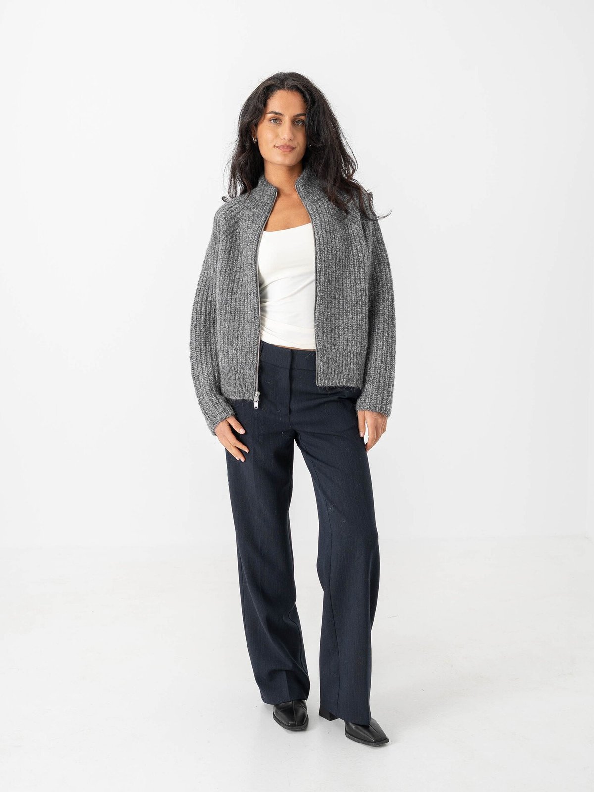 Selected Femme Anjuli Long Sleeve Knit Zip Cardigan Medium Grey Melange