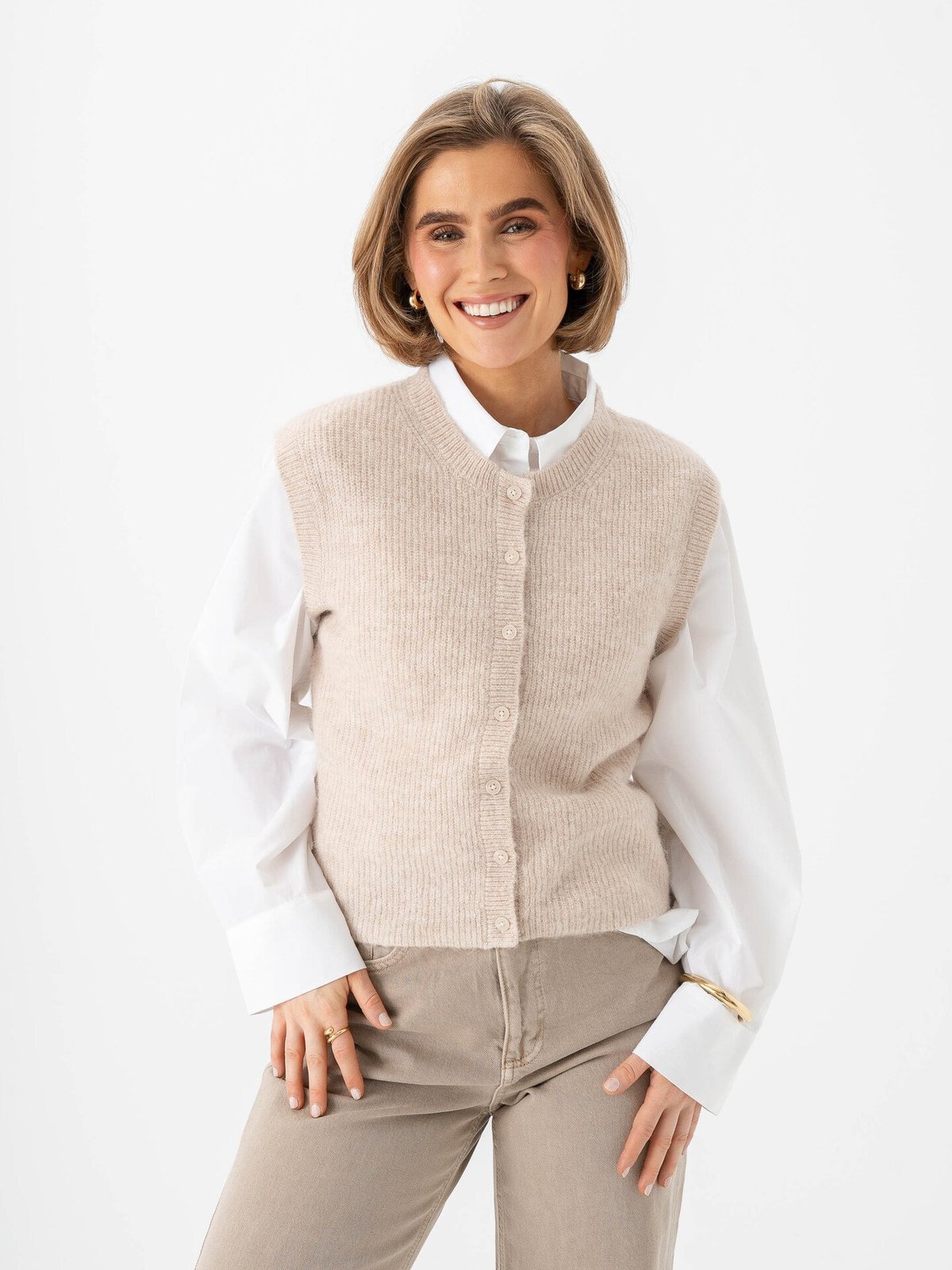 Selected Femme Lulu Button O-Neck Vest Birch Melange