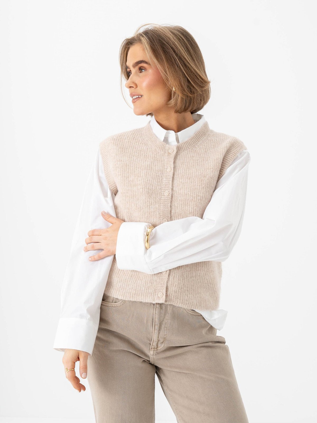 Selected Femme Lulu Button O-Neck Vest Birch Melange