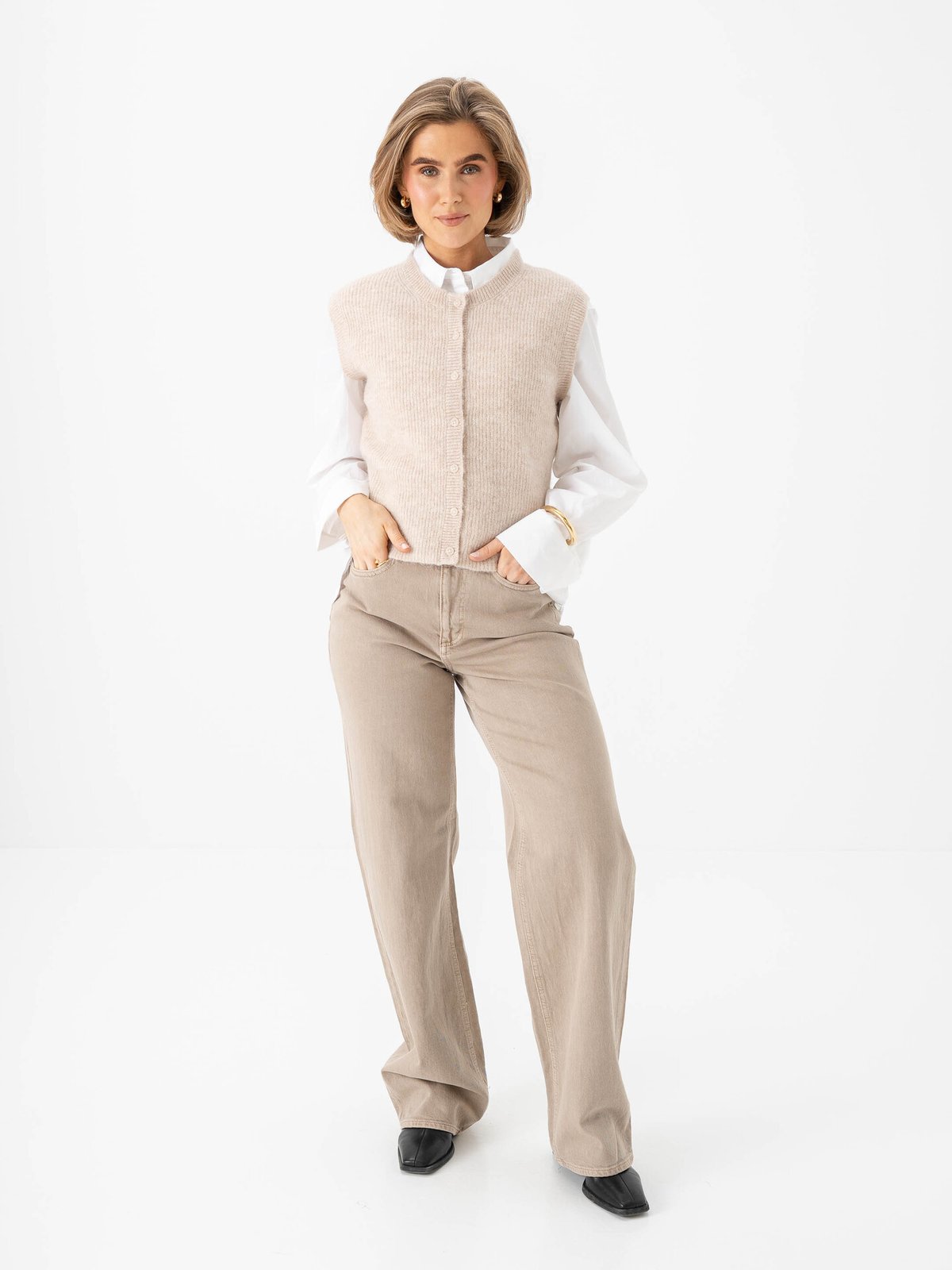 Selected Femme Lulu Button O-Neck Vest Birch Melange