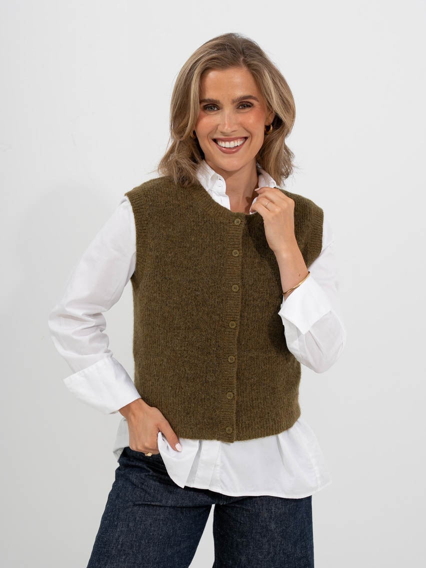 Selected Femme Lulu Button O-Neck Vest Fir Green