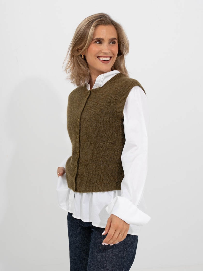 Selected Femme Lulu Button O-Neck Vest Fir Green