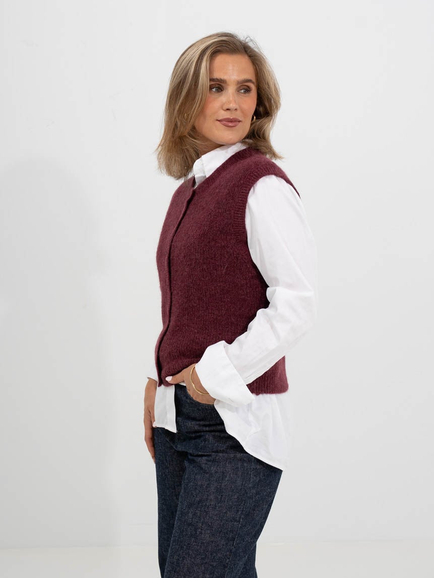 Selected Femme Lulu Button O-Neck Vest Tawny Port